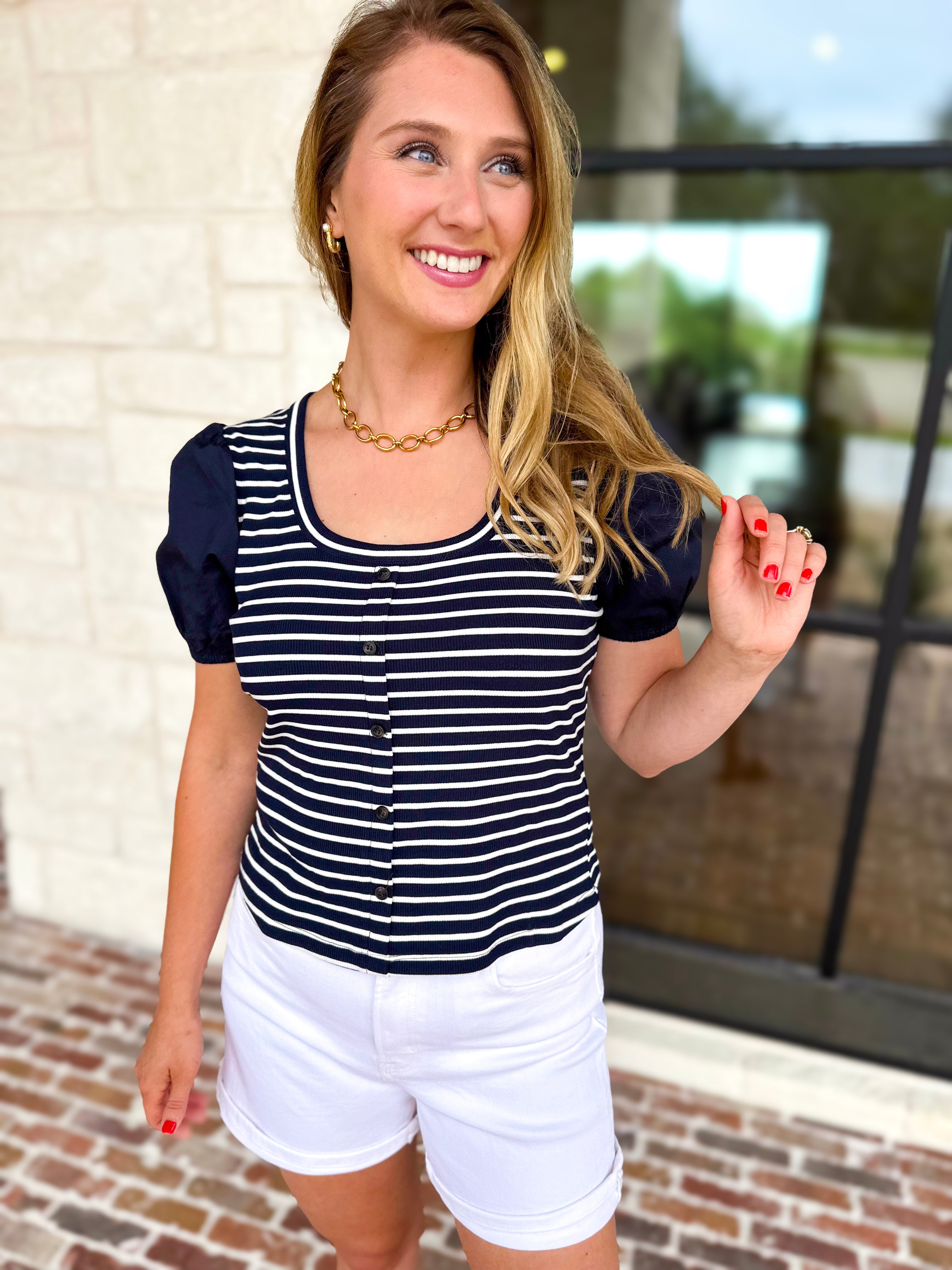 Navy Stripe Knit Tee-200 Fashion Blouses-SKIES ARE BLUE-July & June Women's Fashion Boutique Located in San Antonio, Texas