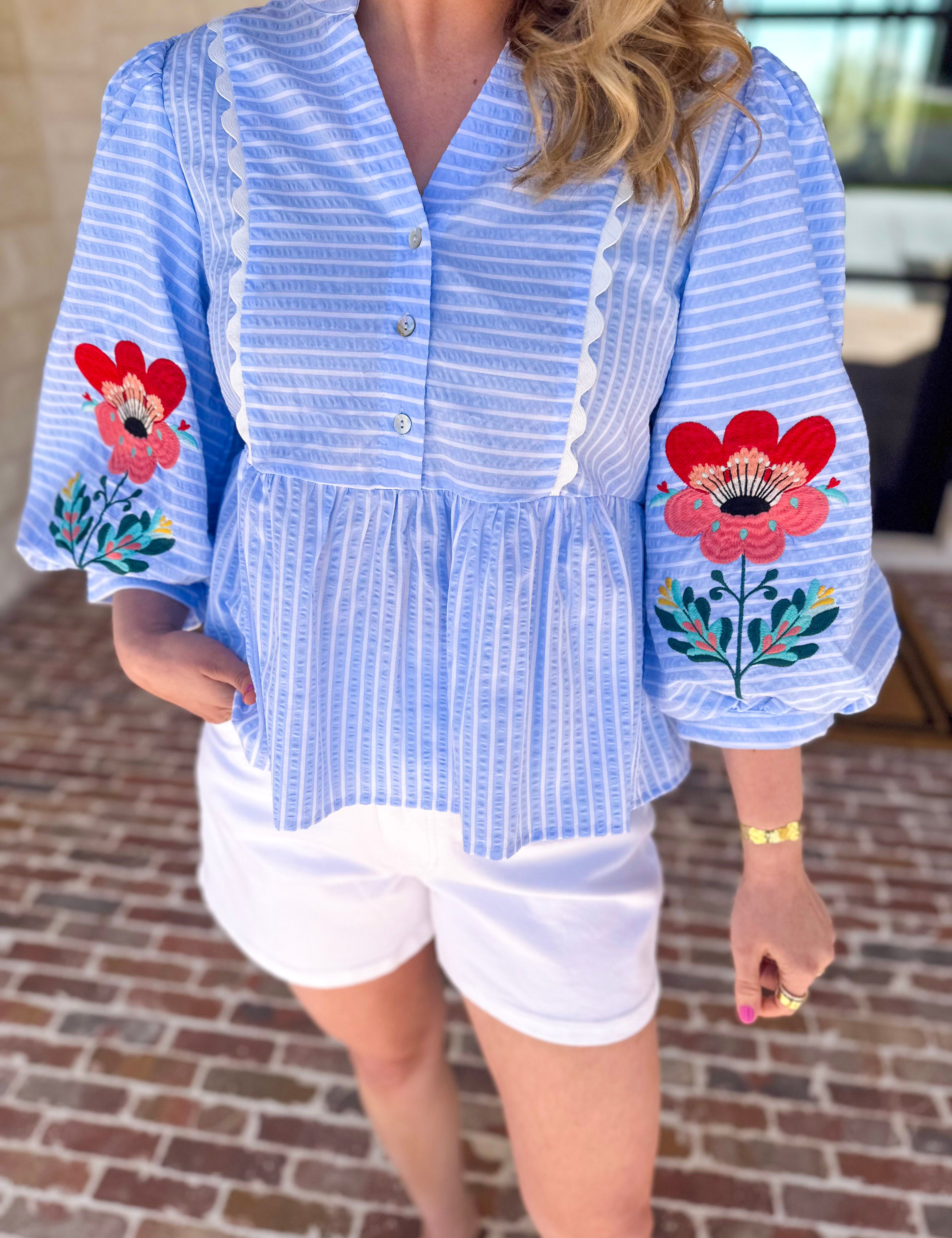 Sweet Spring Embroidered Blouse-200 Fashion Blouses-JODIFL-July & June Women's Fashion Boutique Located in San Antonio, Texas