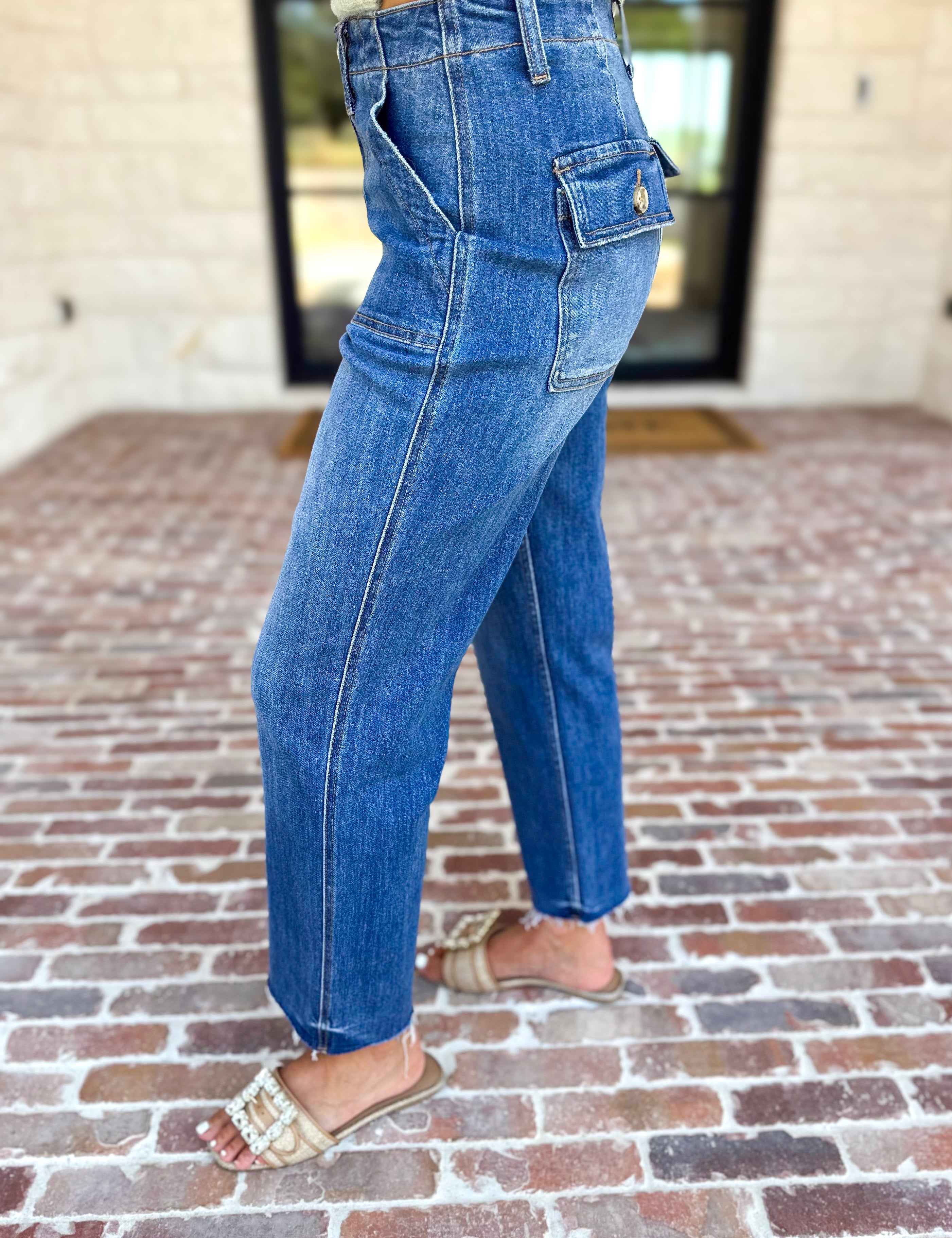 Vervet - High Rise Utility Cropped Jeans-420 Denim-VEVERT BY FLYING MONKEY-July & June Women's Fashion Boutique Located in San Antonio, Texas