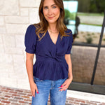 Current Air - Navy Twist Peplum Blouse-200 Fashion Blouses-CURRENT AIR CLOTHING-July & June Women's Fashion Boutique Located in San Antonio, Texas