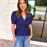 Current Air - Navy Twist Peplum Blouse-200 Fashion Blouses-CURRENT AIR CLOTHING-July & June Women's Fashion Boutique Located in San Antonio, Texas