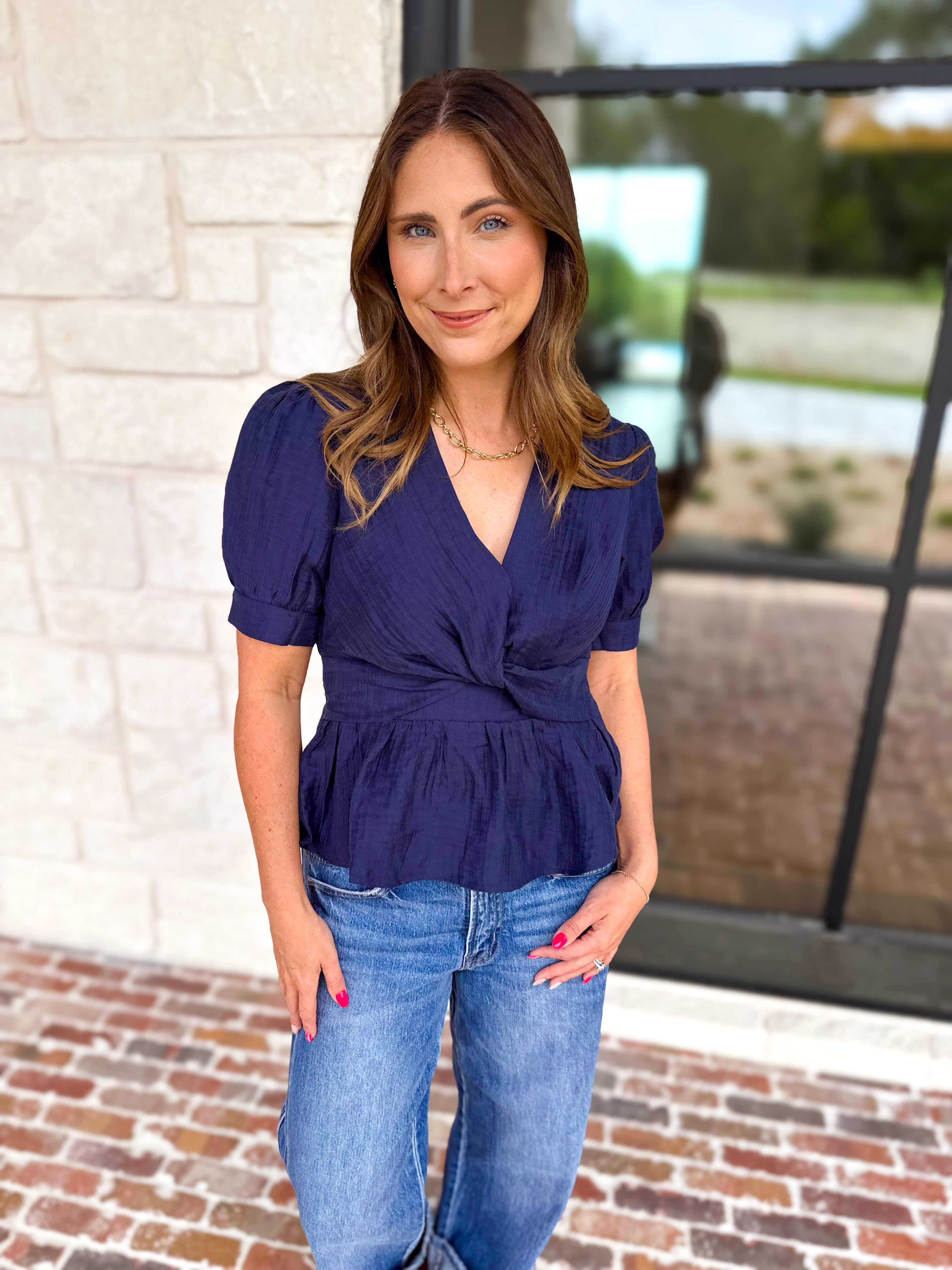 Current Air - Navy Twist Peplum Blouse-200 Fashion Blouses-CURRENT AIR CLOTHING-July & June Women's Fashion Boutique Located in San Antonio, Texas
