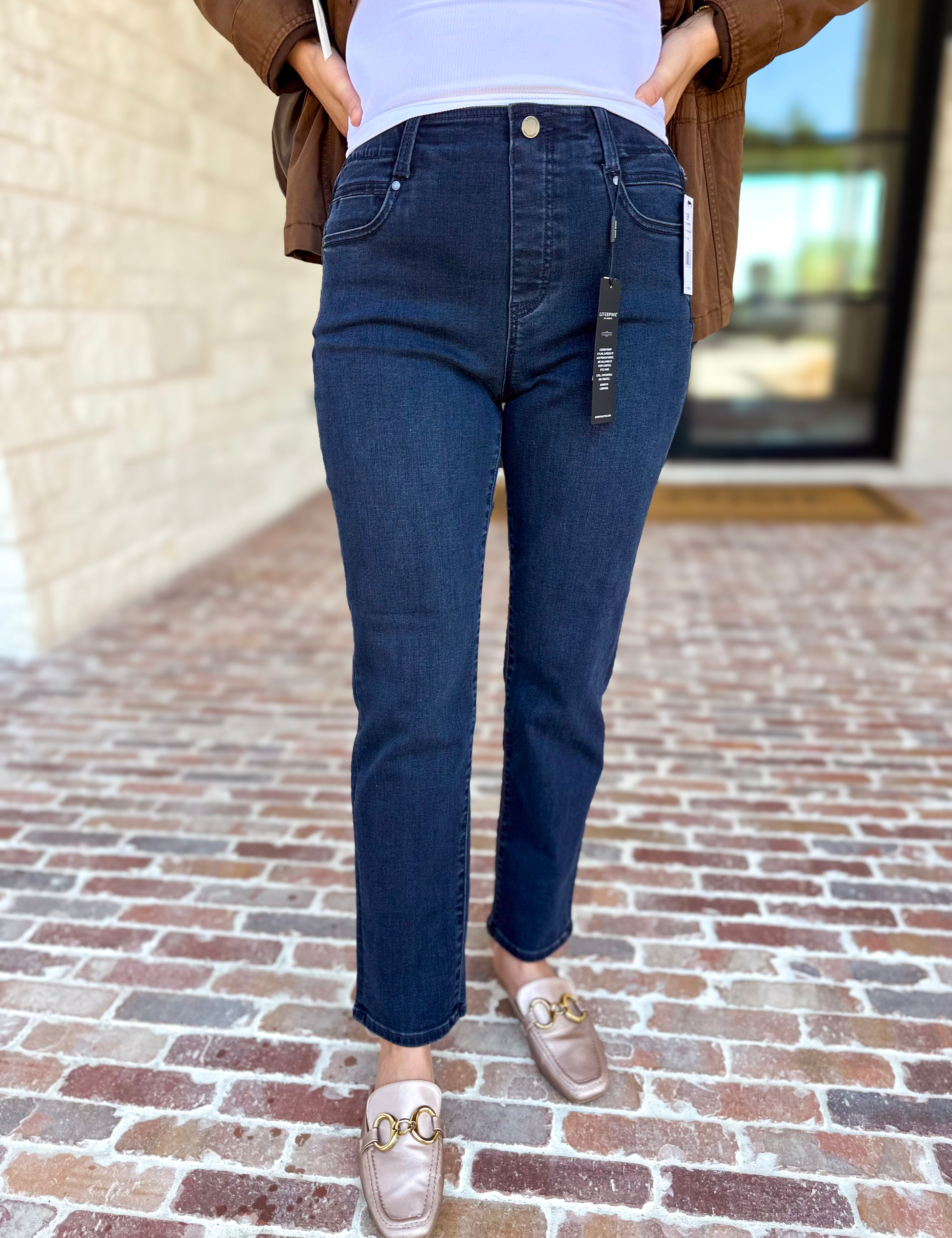 Liverpool - Dark Wash High Rise Straight Leg Jeans-420 Denim-LIVERPOOL JEANS COMPANY-July & June Women's Fashion Boutique Located in San Antonio, Texas