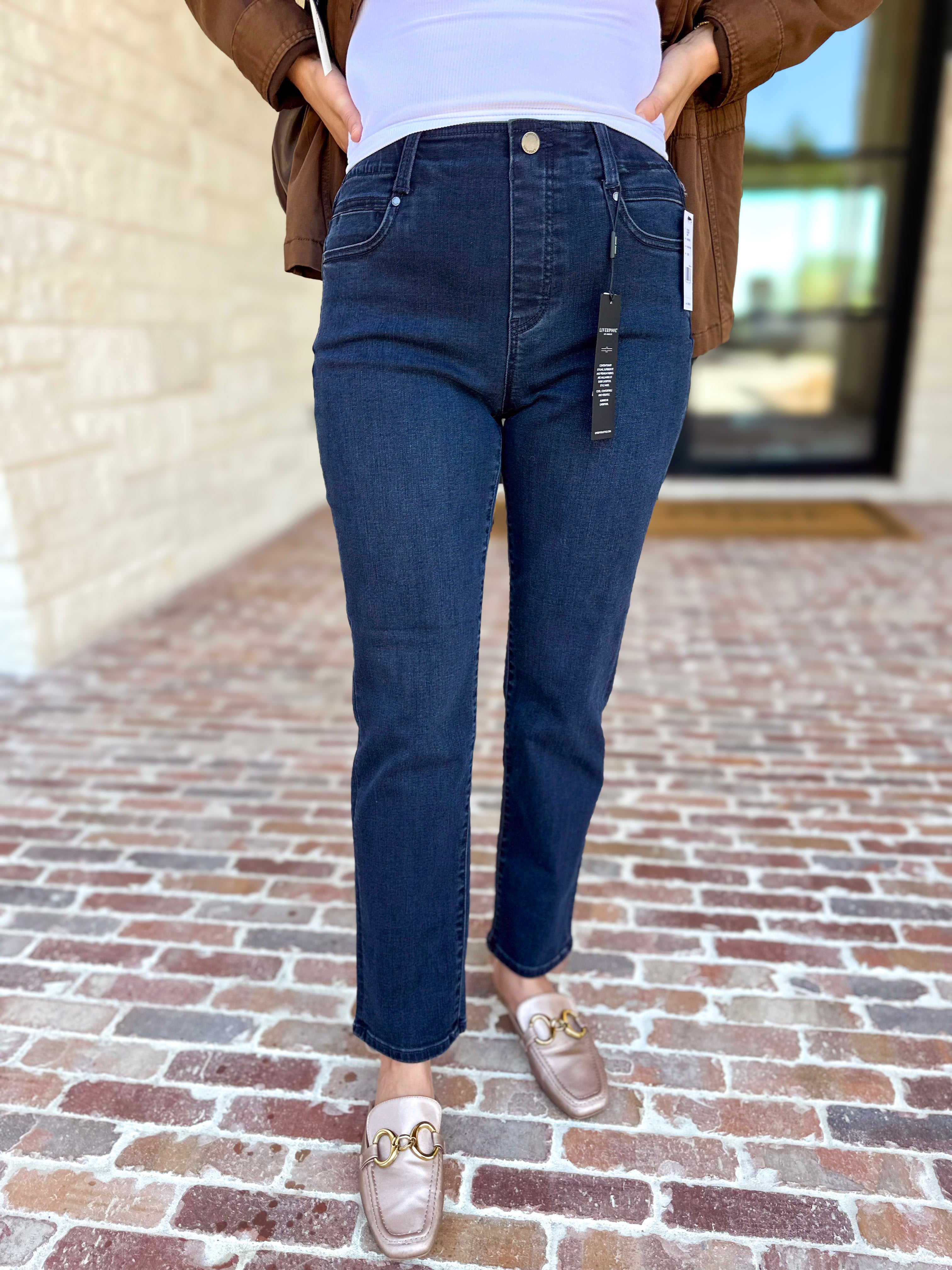 Liverpool - Dark Wash High Rise Straight Leg Jeans-420 Denim-LIVERPOOL JEANS COMPANY-July & June Women's Fashion Boutique Located in San Antonio, Texas