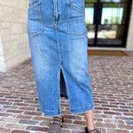 Vervet - Patch Pocket Denim Midi Skirt-410 Shorts/Skirts-VEVERT BY FLYING MONKEY-July & June Women's Fashion Boutique Located in San Antonio, Texas