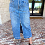 Vervet - Patch Pocket Denim Midi Skirt-410 Shorts/Skirts-VEVERT BY FLYING MONKEY-July & June Women's Fashion Boutique Located in San Antonio, Texas