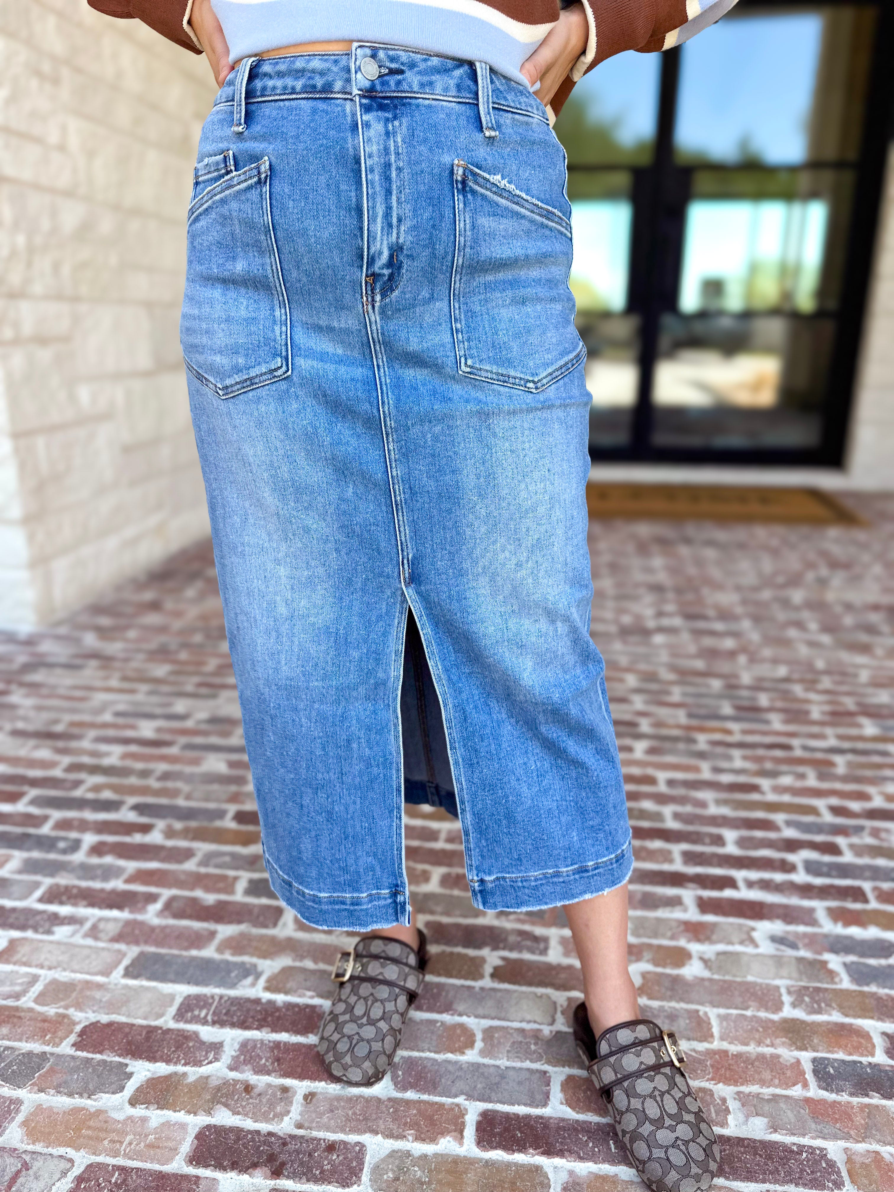 Vervet - Patch Pocket Denim Midi Skirt-410 Shorts/Skirts-VEVERT BY FLYING MONKEY-July & June Women's Fashion Boutique Located in San Antonio, Texas