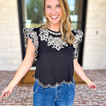 THML - Black Flutter Sleeve Embroidered Blouse-200 Fashion Blouses-THML-July & June Women's Fashion Boutique Located in San Antonio, Texas
