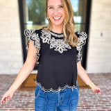 THML - Black Flutter Sleeve Embroidered Blouse-200 Fashion Blouses-THML-July & June Women's Fashion Boutique Located in San Antonio, Texas