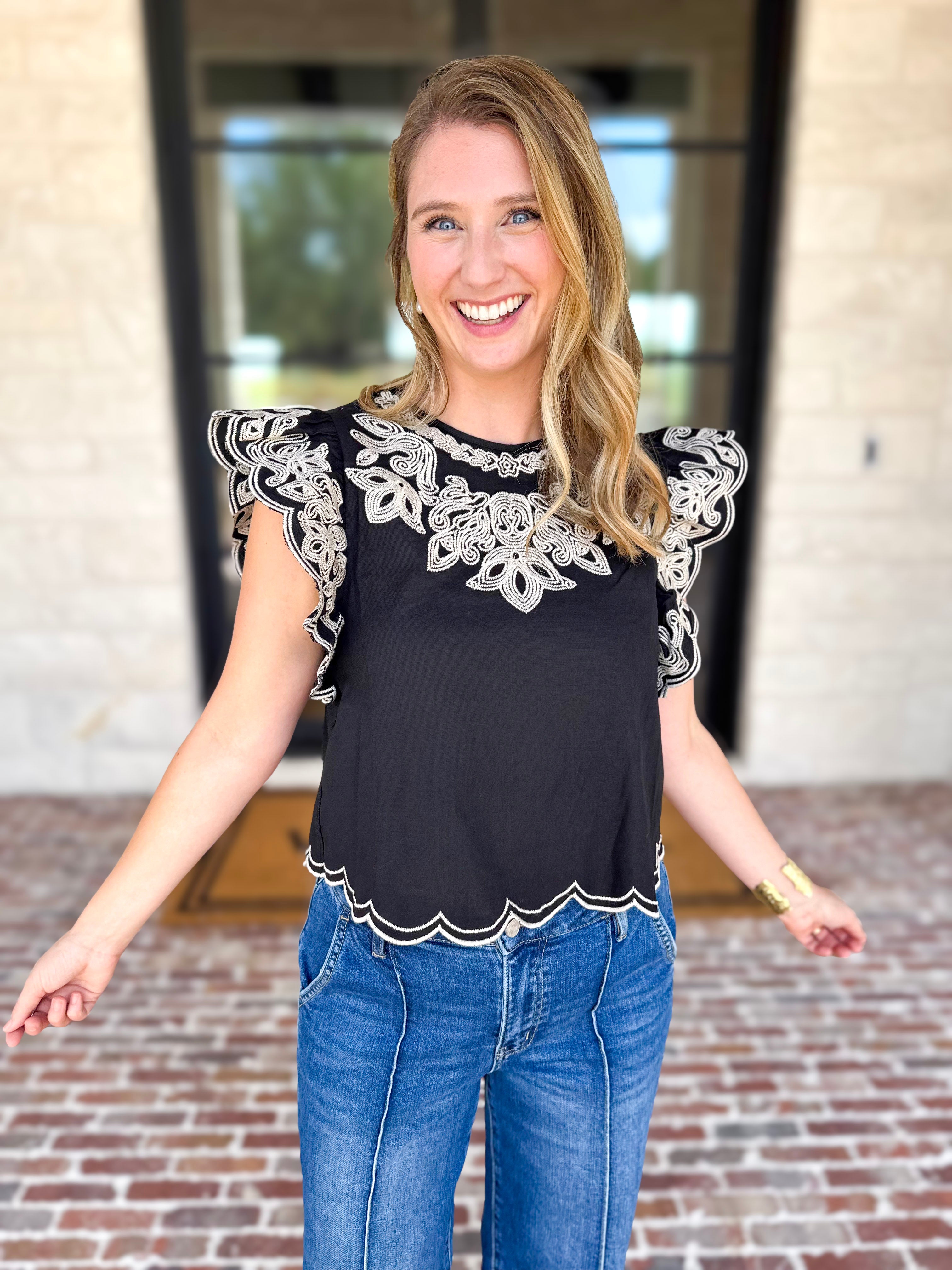 THML - Black Flutter Sleeve Embroidered Blouse-200 Fashion Blouses-THML-July & June Women's Fashion Boutique Located in San Antonio, Texas
