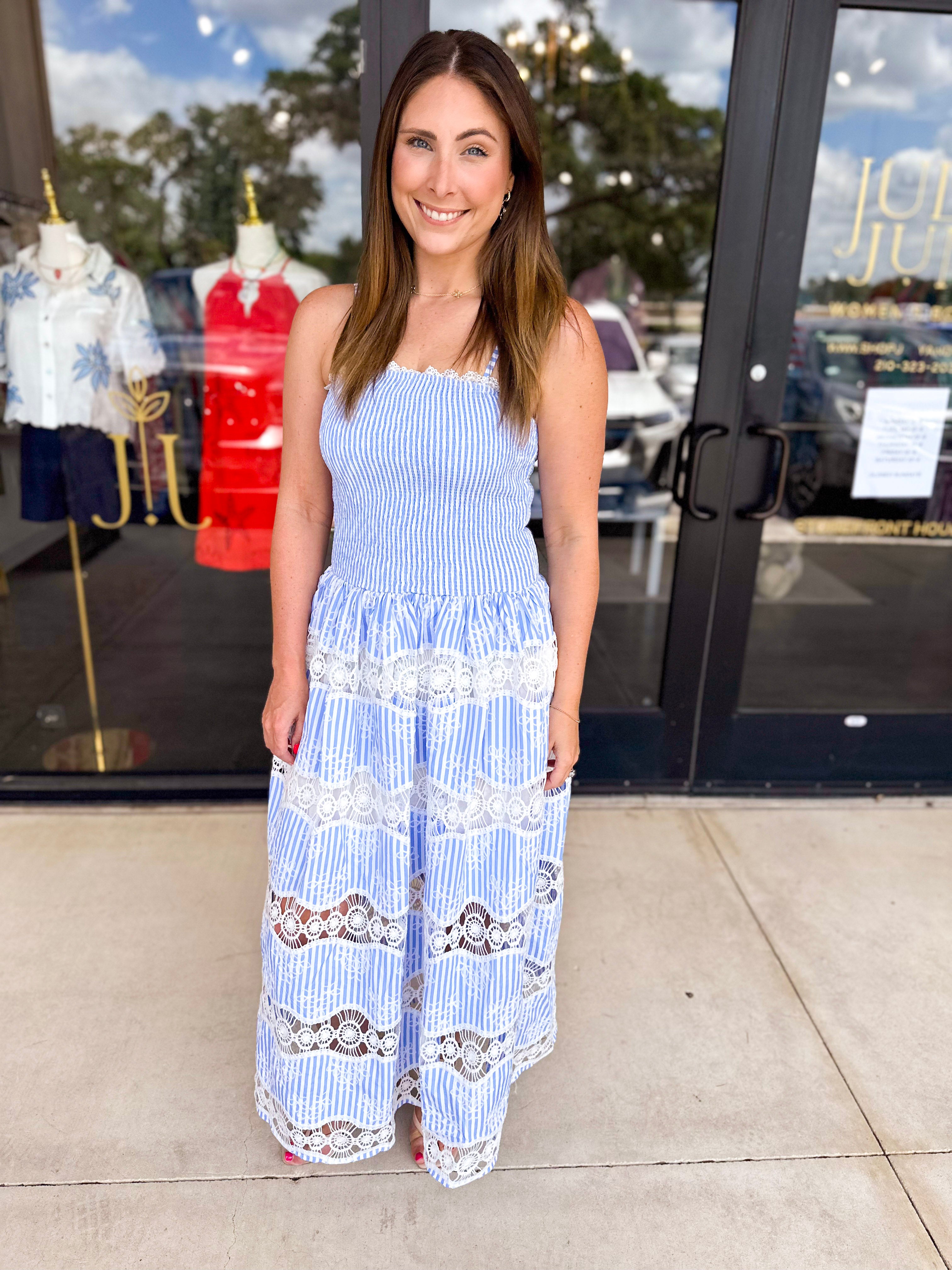 The Lillie Midi Dress - Blue & Ivory-500 Midi-STRUT & BOLT-July & June Women's Fashion Boutique Located in San Antonio, Texas