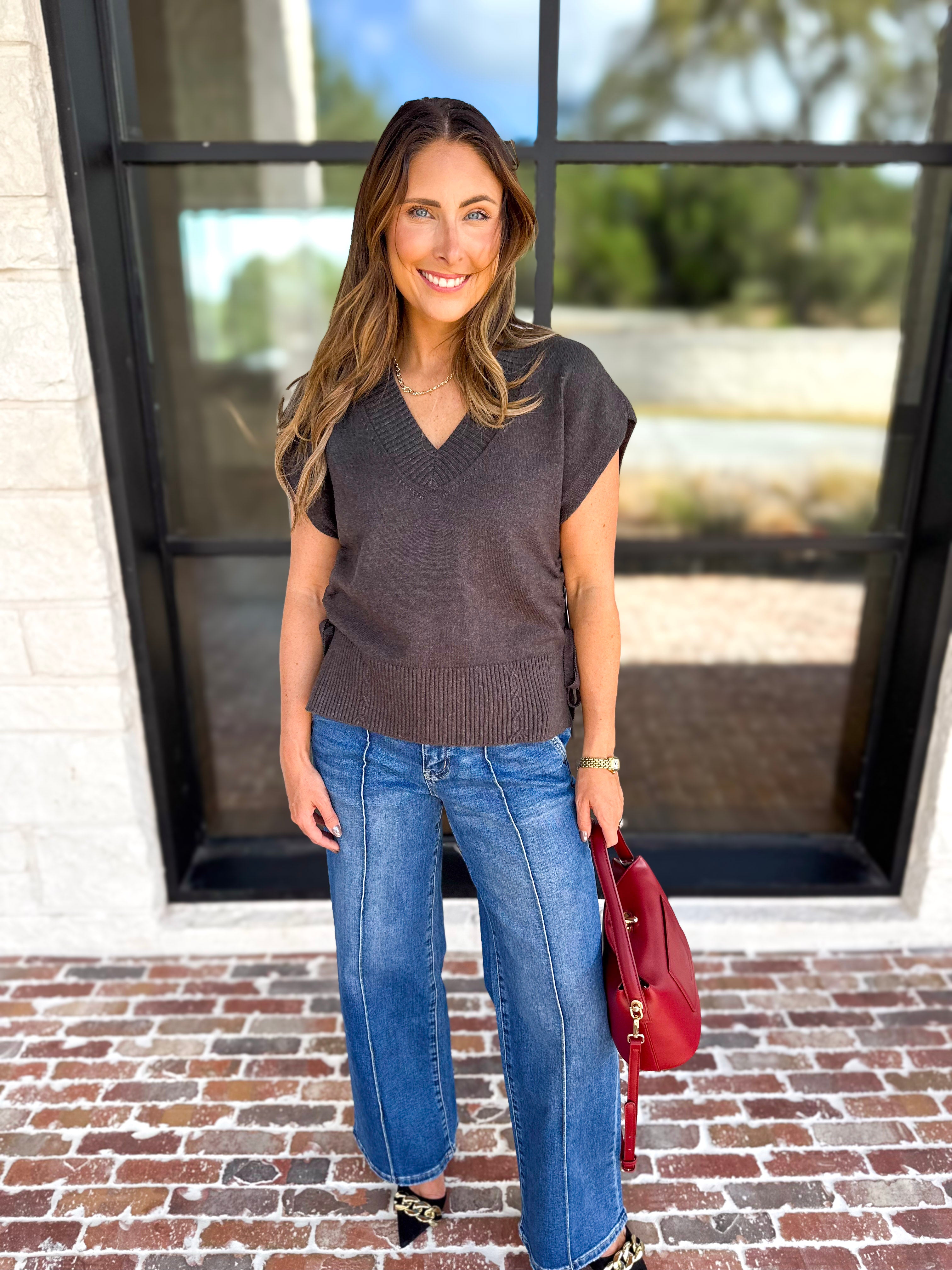 Liverpool - V-Neck Cinch Knit Top - Charcoal-230 Sweaters/Cardis-LIVERPOOL JEANS COMPANY-July & June Women's Fashion Boutique Located in San Antonio, Texas