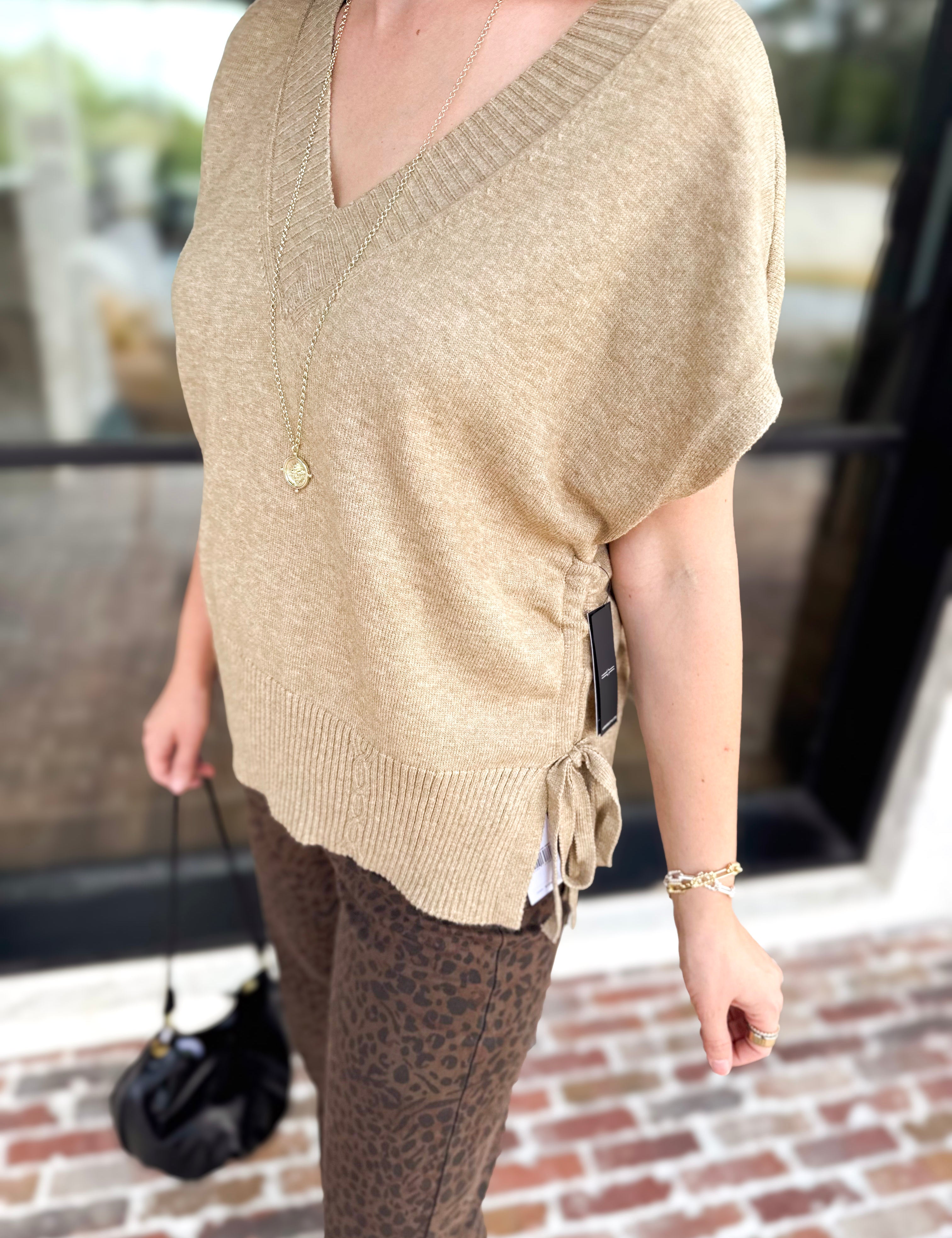 Liverpool - V-Neck Cinch Knit Top - Toasted Tan-230 Sweaters/Cardis-LIVERPOOL JEANS COMPANY-July & June Women's Fashion Boutique Located in San Antonio, Texas