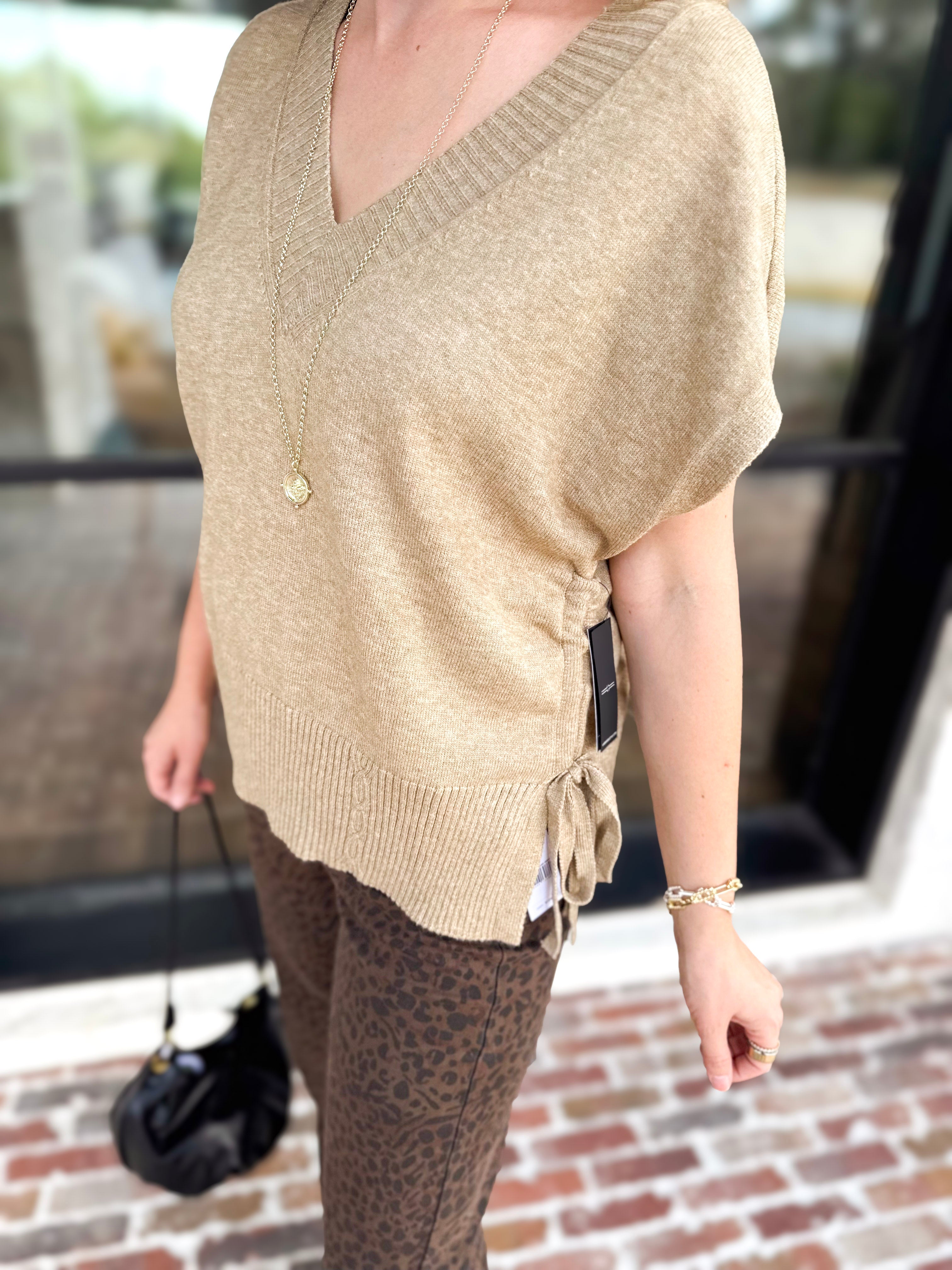 Liverpool - V-Neck Cinch Knit Top - Toasted Tan-230 Sweaters/Cardis-LIVERPOOL JEANS COMPANY-July & June Women's Fashion Boutique Located in San Antonio, Texas