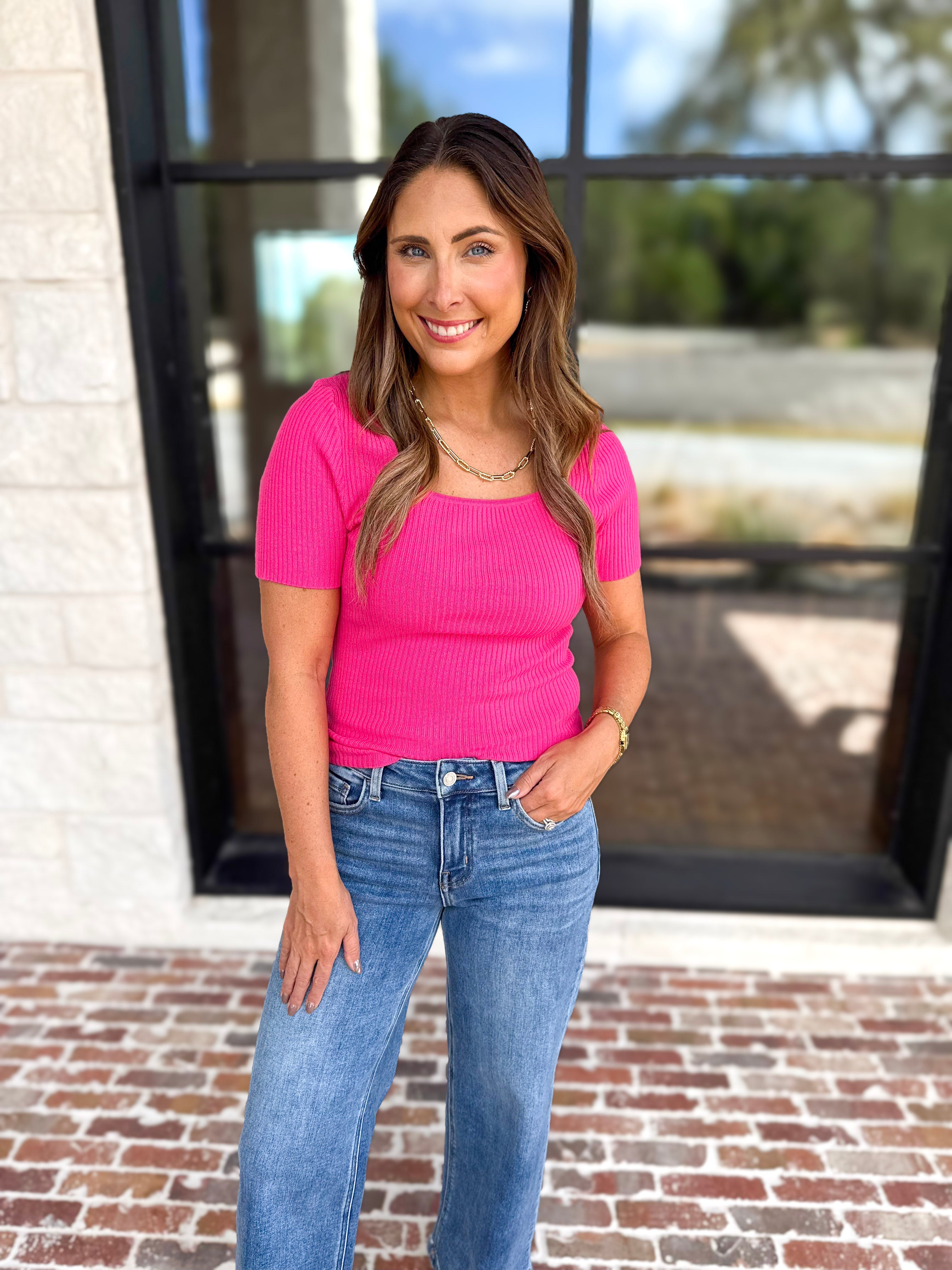 Ribbed Square Neck Knit Top - Hot Pink-230 Sweaters/Cardis-ALLIE ROSE-July & June Women's Fashion Boutique Located in San Antonio, Texas