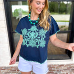 Coastal Embroidered Blouse - Navy-200 Fashion Blouses-JODIFL-July & June Women's Fashion Boutique Located in San Antonio, Texas