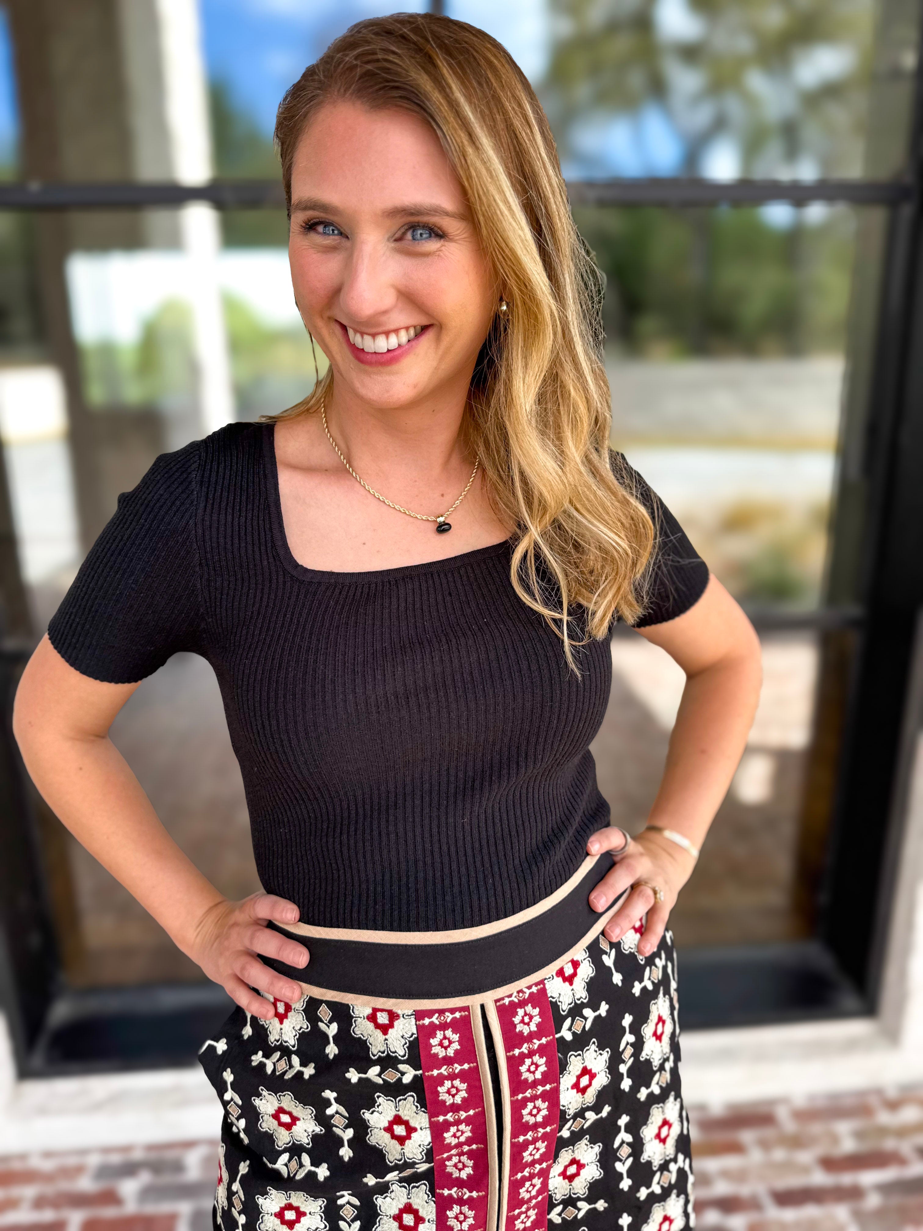 Ribbed Square Neck Knit Top - Black-230 Sweaters/Cardis-ALLIE ROSE-July & June Women's Fashion Boutique Located in San Antonio, Texas