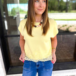 Collins Lace Trim Blouse - Lemon-200 Fashion Blouses-ENTRO-July & June Women's Fashion Boutique Located in San Antonio, Texas