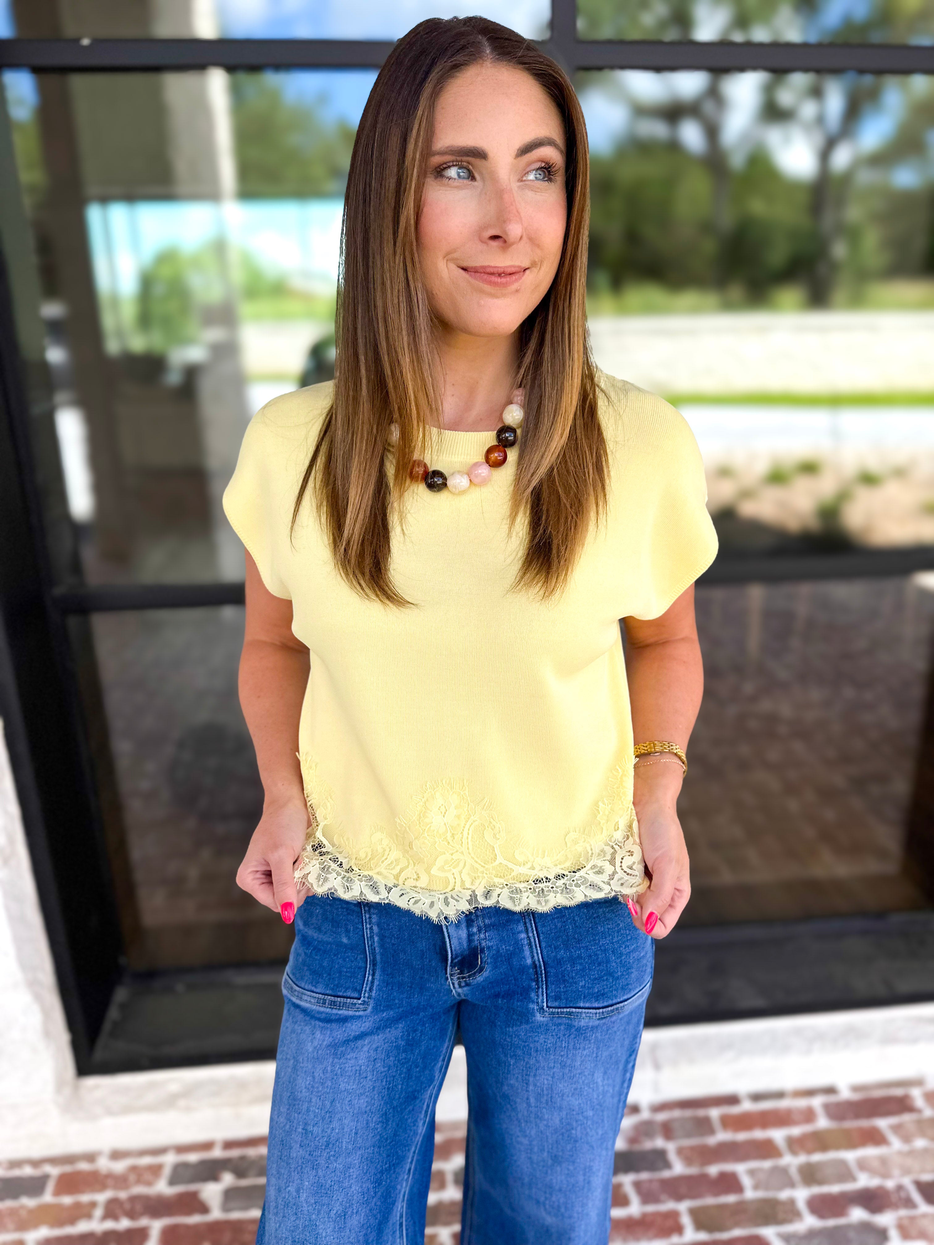 Collins Lace Trim Blouse - Lemon-200 Fashion Blouses-ENTRO-July & June Women's Fashion Boutique Located in San Antonio, Texas