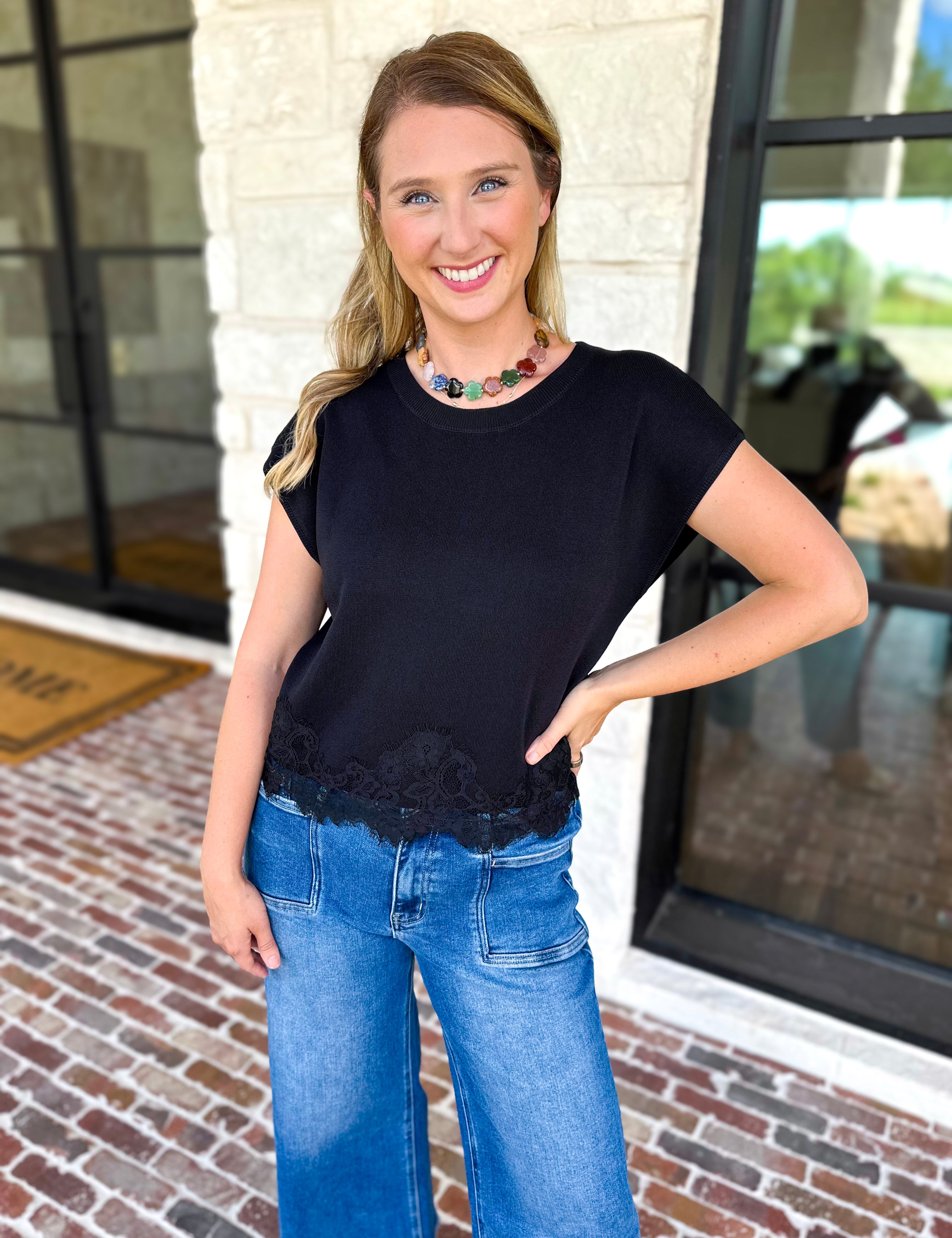 Collins Lace Trim Blouse - Black-200 Fashion Blouses-ENTRO-July & June Women's Fashion Boutique Located in San Antonio, Texas