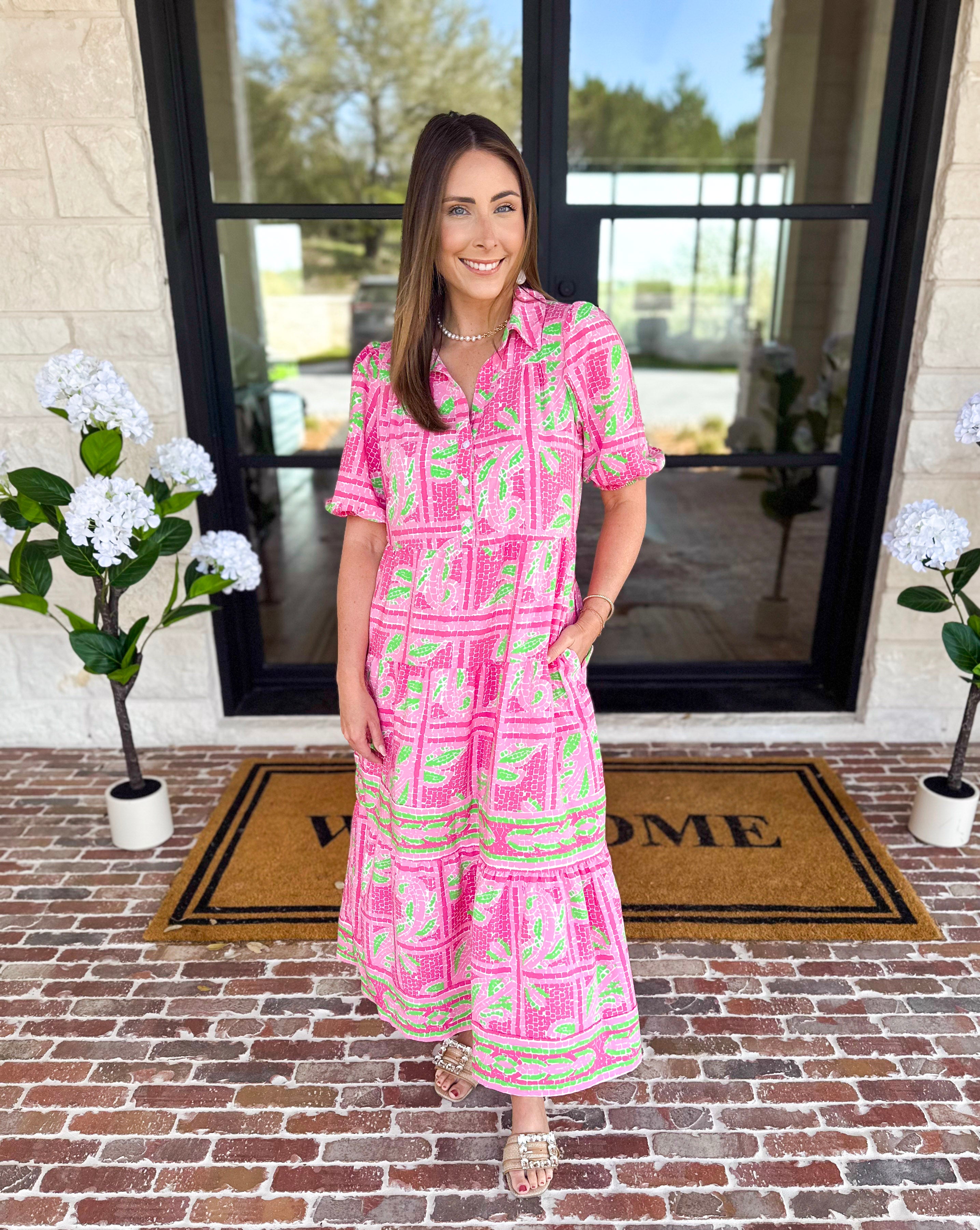 Mary Square - Pink Trellis Tiles Midi Dress-500 Midi-MARY SQUARE-July & June Women's Fashion Boutique Located in San Antonio, Texas