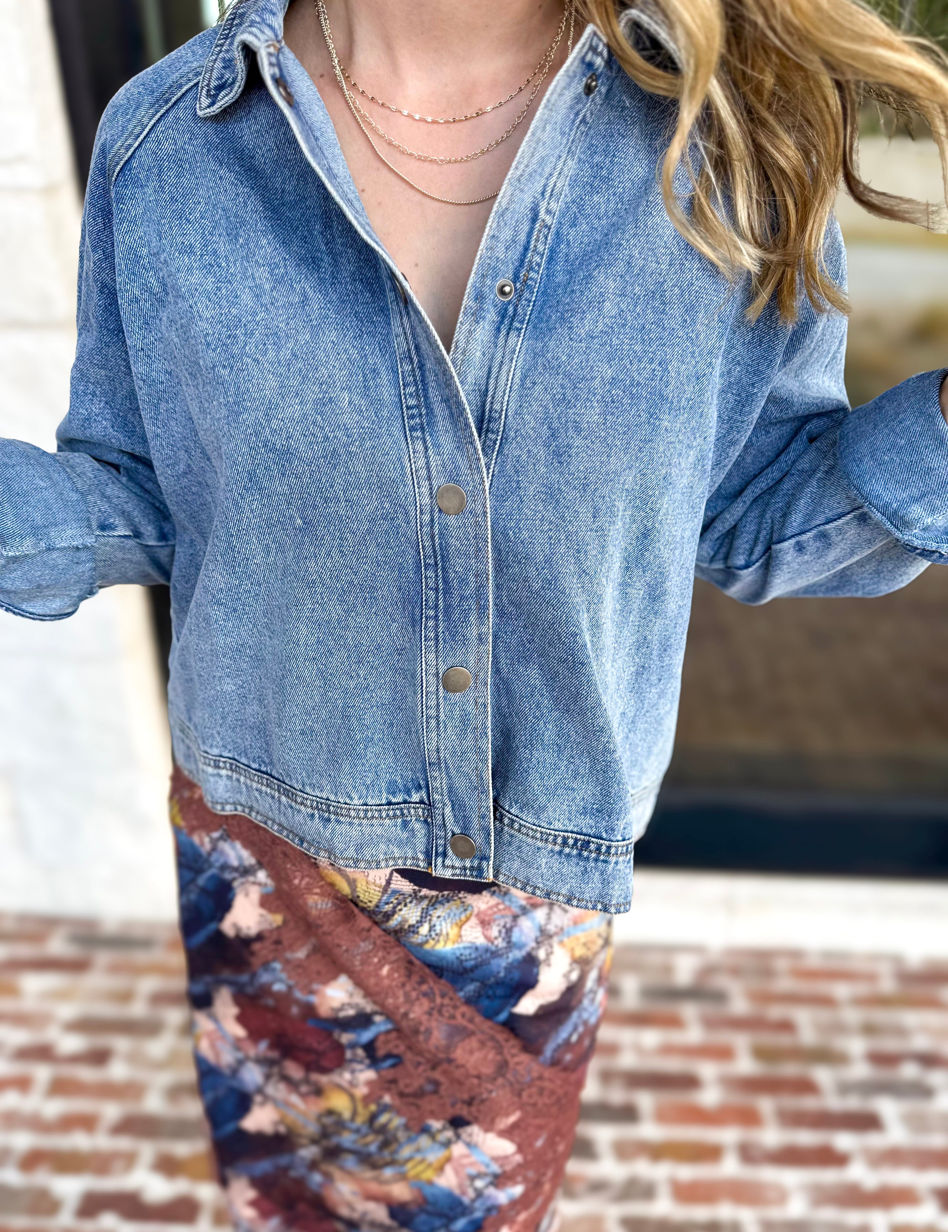 Weekend Signature Denim Shirt Jacket-200 Fashion Blouses-FATE-July & June Women's Fashion Boutique Located in San Antonio, Texas