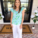 Mary Square - Lydia Trellis Tiles Blouse - Blue-200 Fashion Blouses-MARY SQUARE-July & June Women's Fashion Boutique Located in San Antonio, Texas
