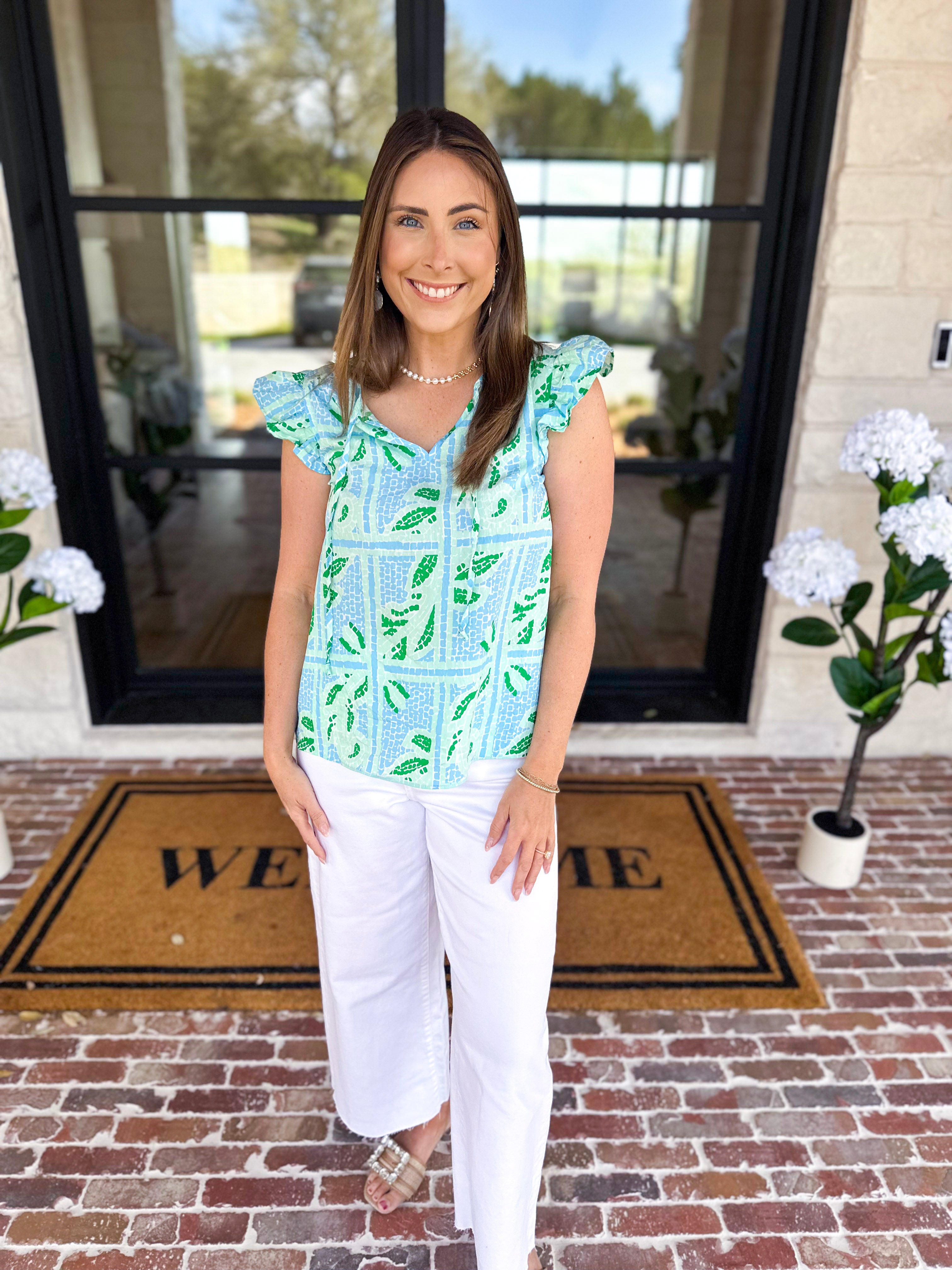 Mary Square - Lydia Trellis Tiles Blouse - Blue-200 Fashion Blouses-MARY SQUARE-July & June Women's Fashion Boutique Located in San Antonio, Texas