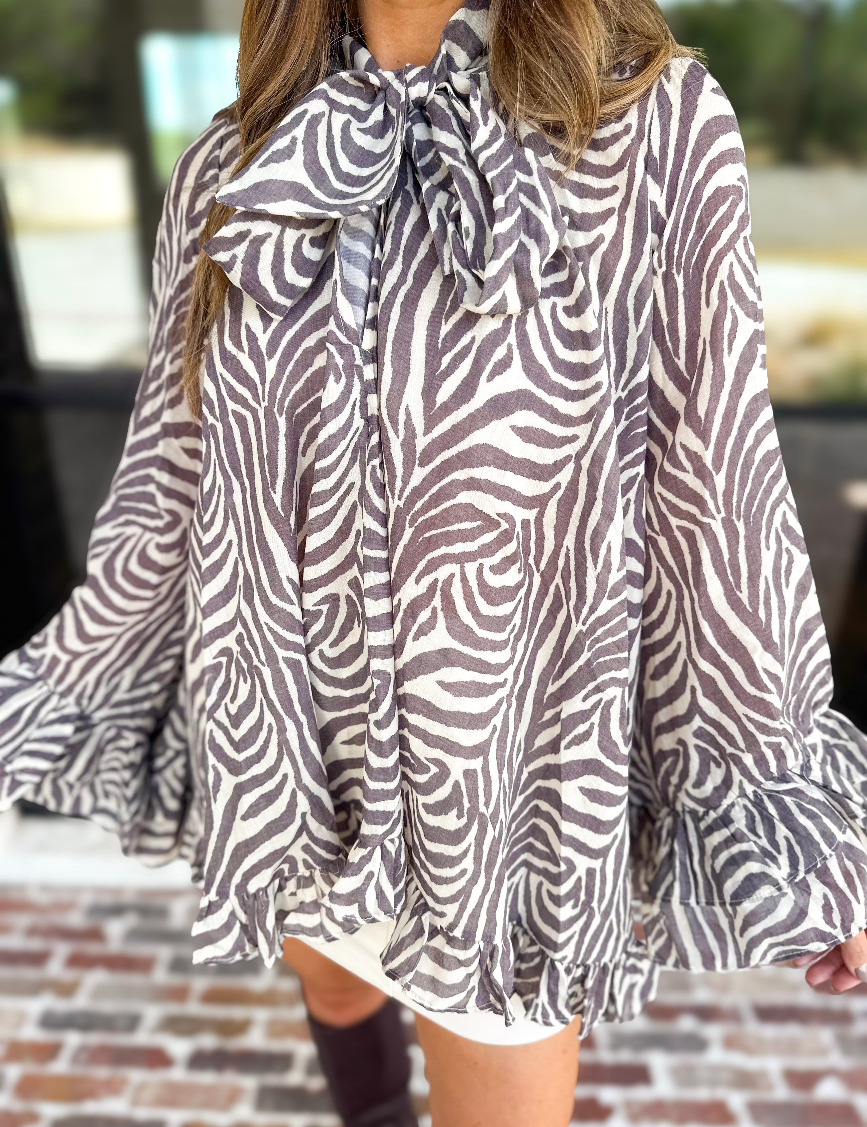 Feminine Flowy Ruffled Blouse - Mocha Zebra-200 Fashion Blouses-TCEC-July & June Women's Fashion Boutique Located in San Antonio, Texas