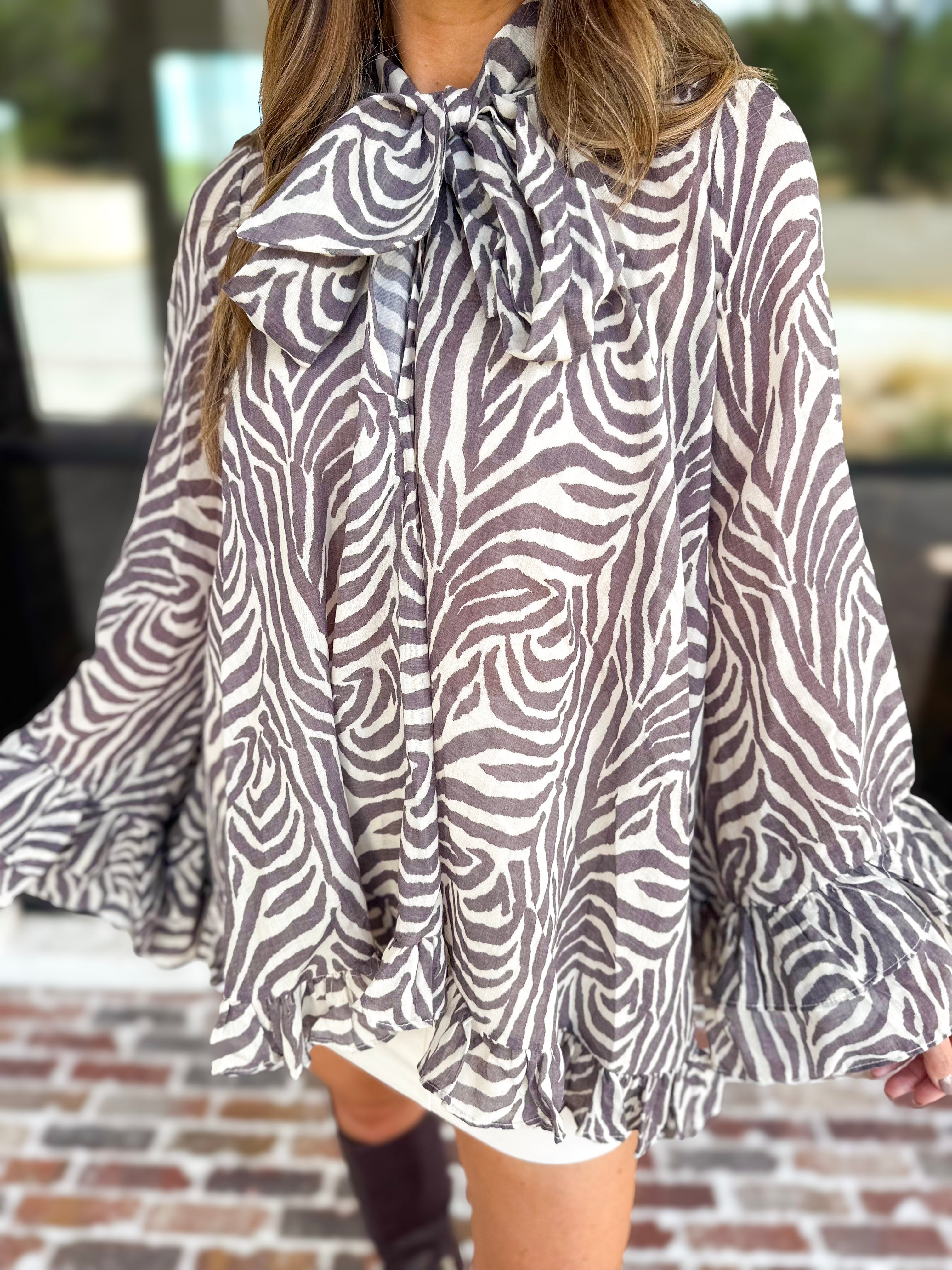 Feminine Flowy Ruffled Blouse - Mocha Zebra-200 Fashion Blouses-TCEC-July & June Women's Fashion Boutique Located in San Antonio, Texas