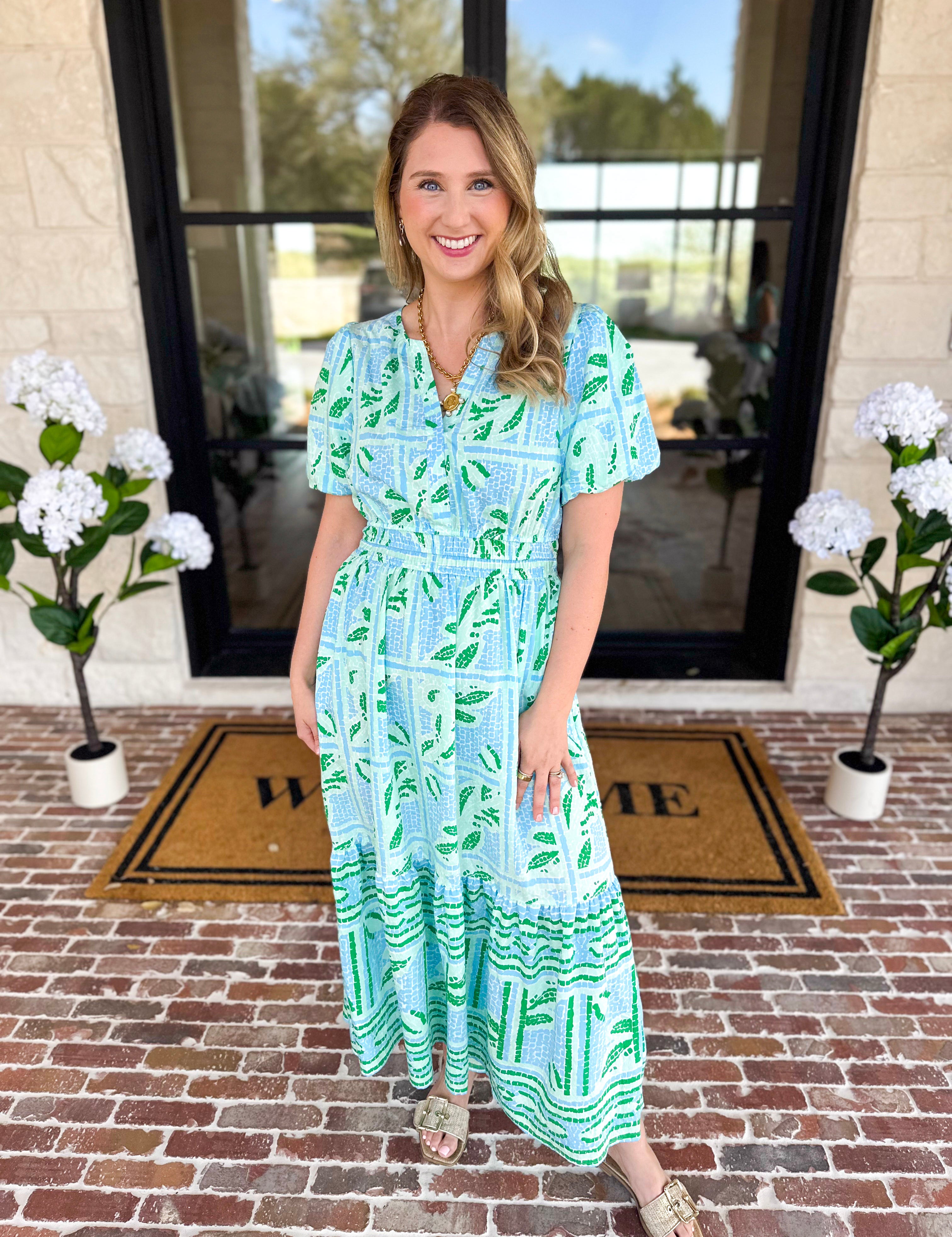 Mary Square - Tracey Trellis Tiles Midi Dress - Blue-500 Midi-MARY SQUARE-July & June Women's Fashion Boutique Located in San Antonio, Texas