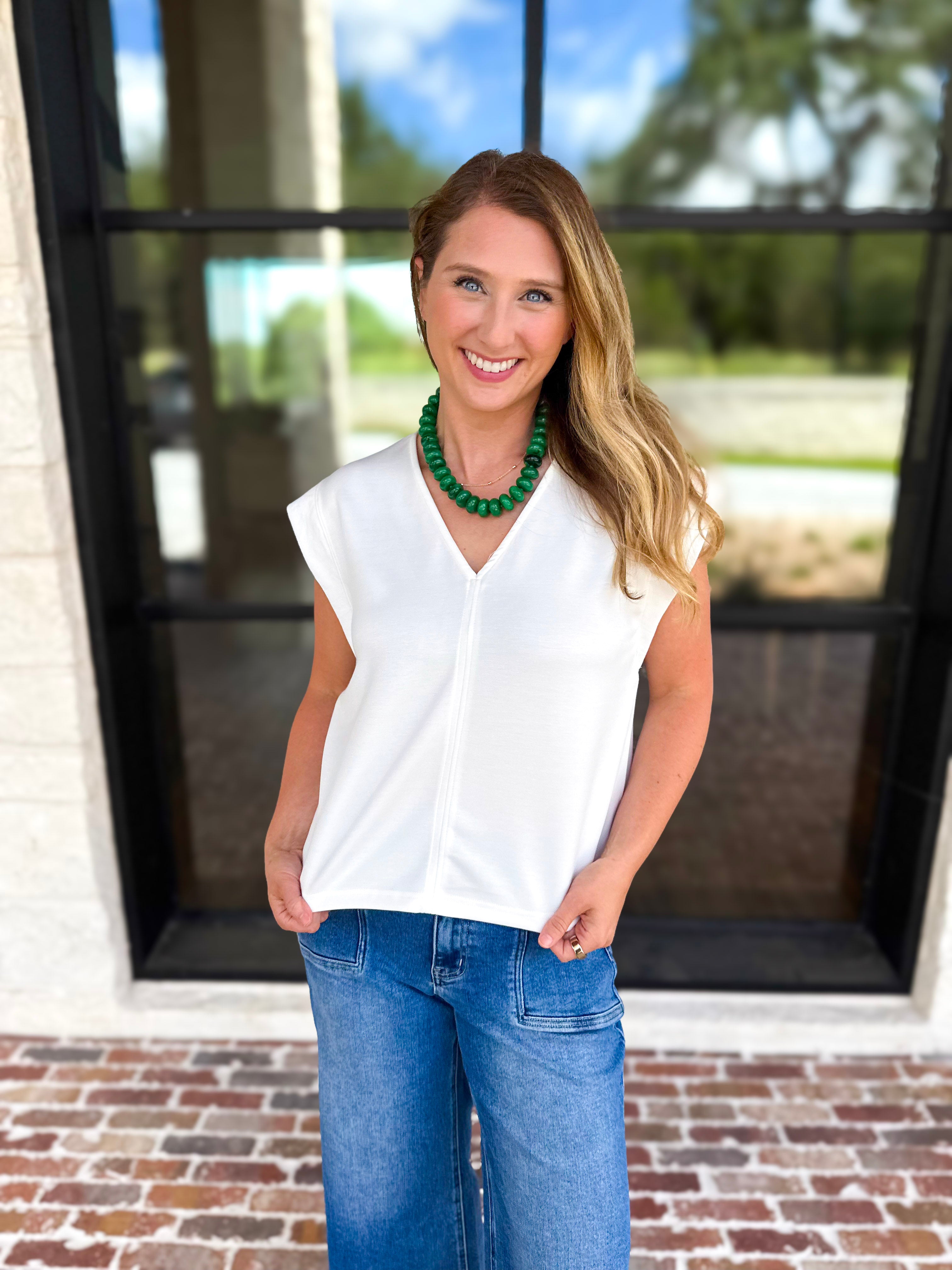 Casual Staples V-Neck Top - Ivory-210 Casual Blouses-ENTRO-July & June Women's Fashion Boutique Located in San Antonio, Texas