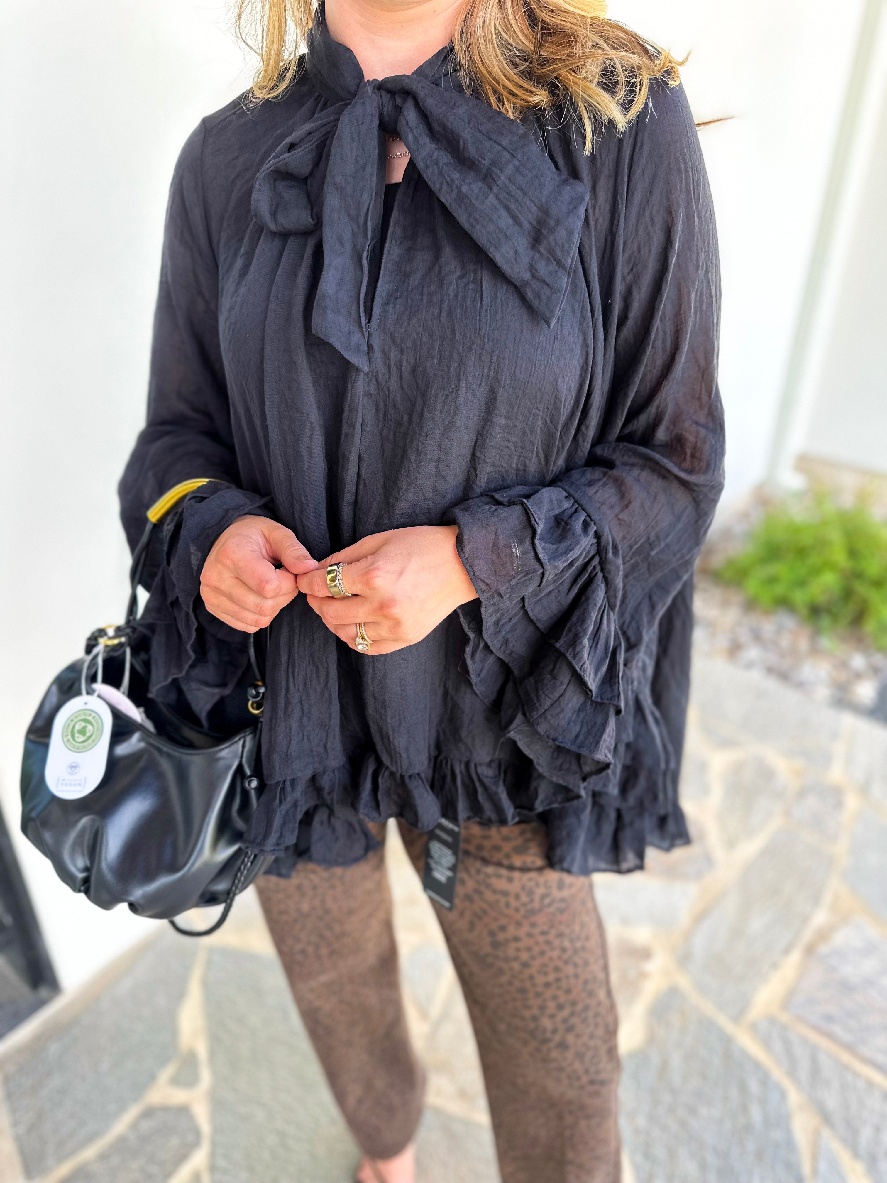 Feminine Flowy Ruffled Blouse - Black-200 Fashion Blouses-TCEC-July & June Women's Fashion Boutique Located in San Antonio, Texas