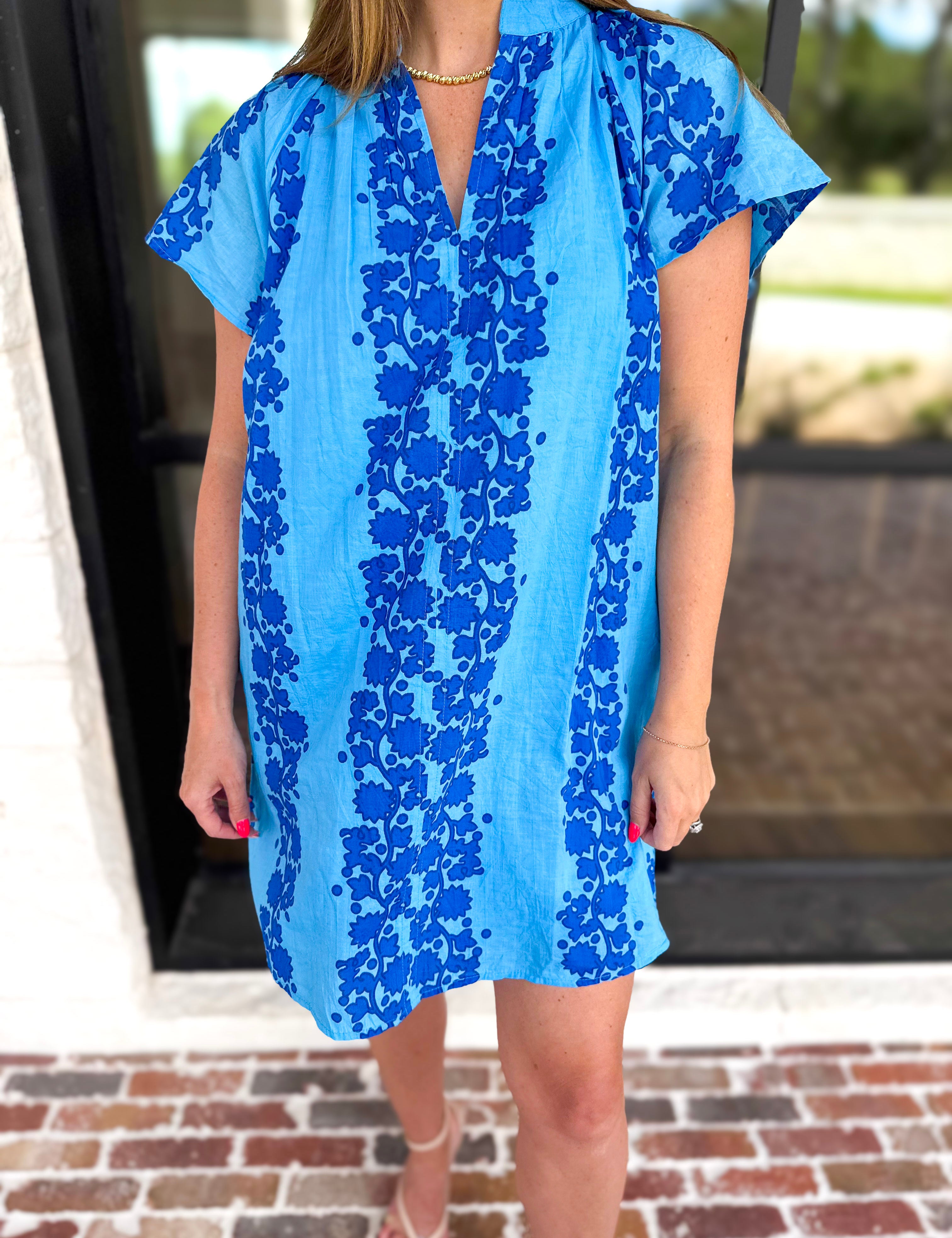THML - Bold Floral Shift Mini Dress - Blue-510 Mini-THML-July & June Women's Fashion Boutique Located in San Antonio, Texas