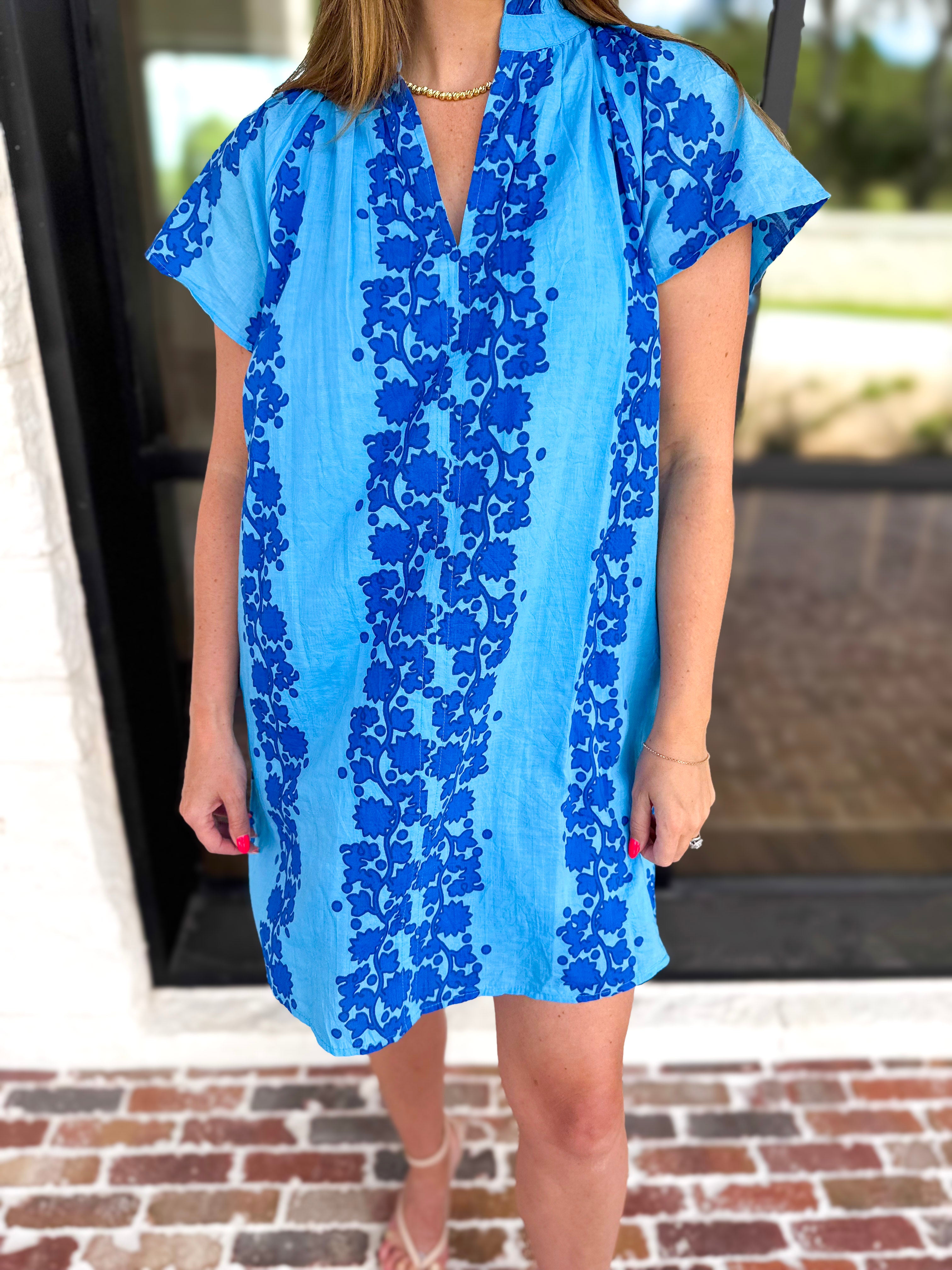 THML - Bold Floral Shift Mini Dress - Blue-510 Mini-THML-July & June Women's Fashion Boutique Located in San Antonio, Texas