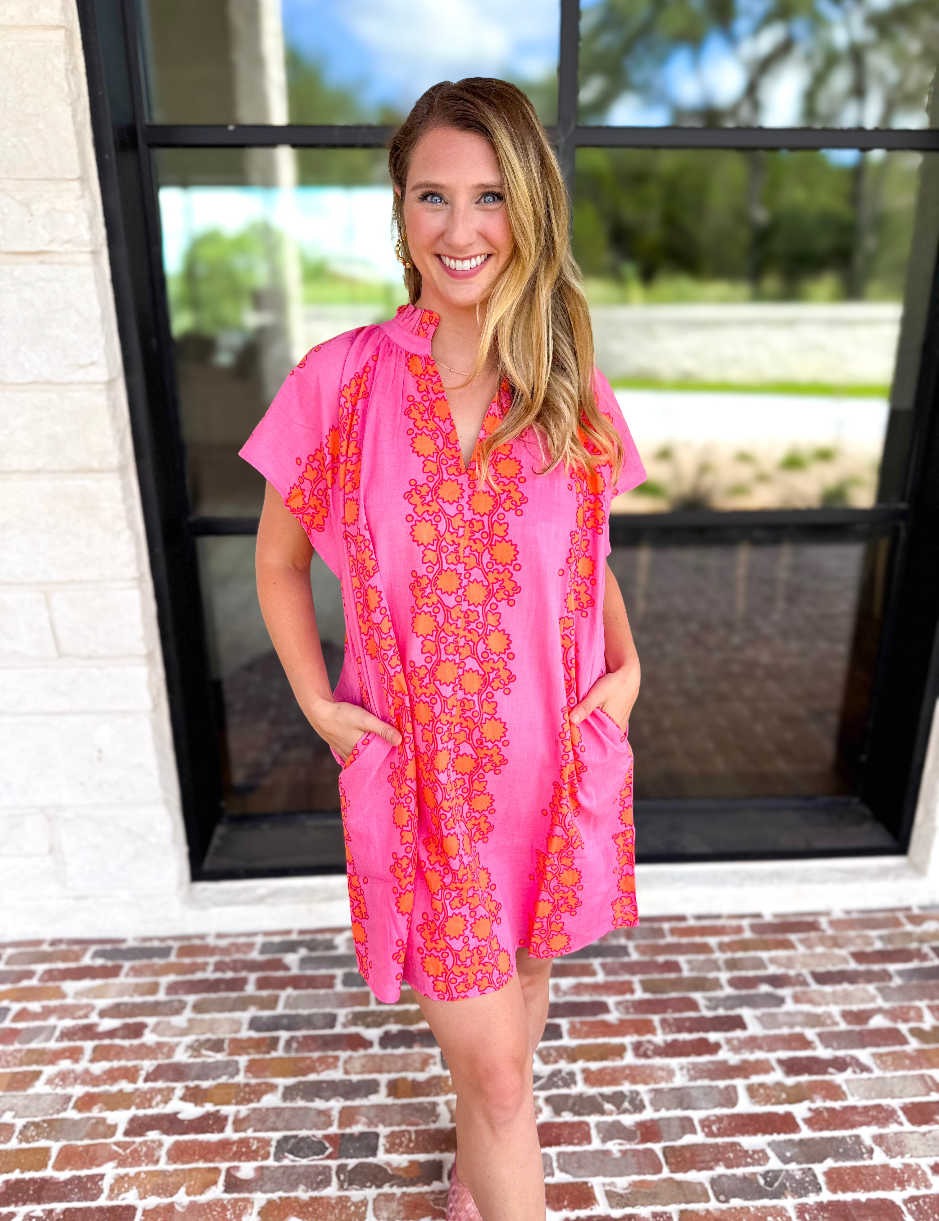THML - Bold Floral Shift Mini Dress - Pink-510 Mini-THML-July & June Women's Fashion Boutique Located in San Antonio, Texas
