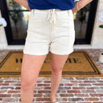 Vervet - Cream Drawstring Denim Shorts-410 Shorts/Skirts-VEVERT BY FLYING MONKEY-July & June Women's Fashion Boutique Located in San Antonio, Texas
