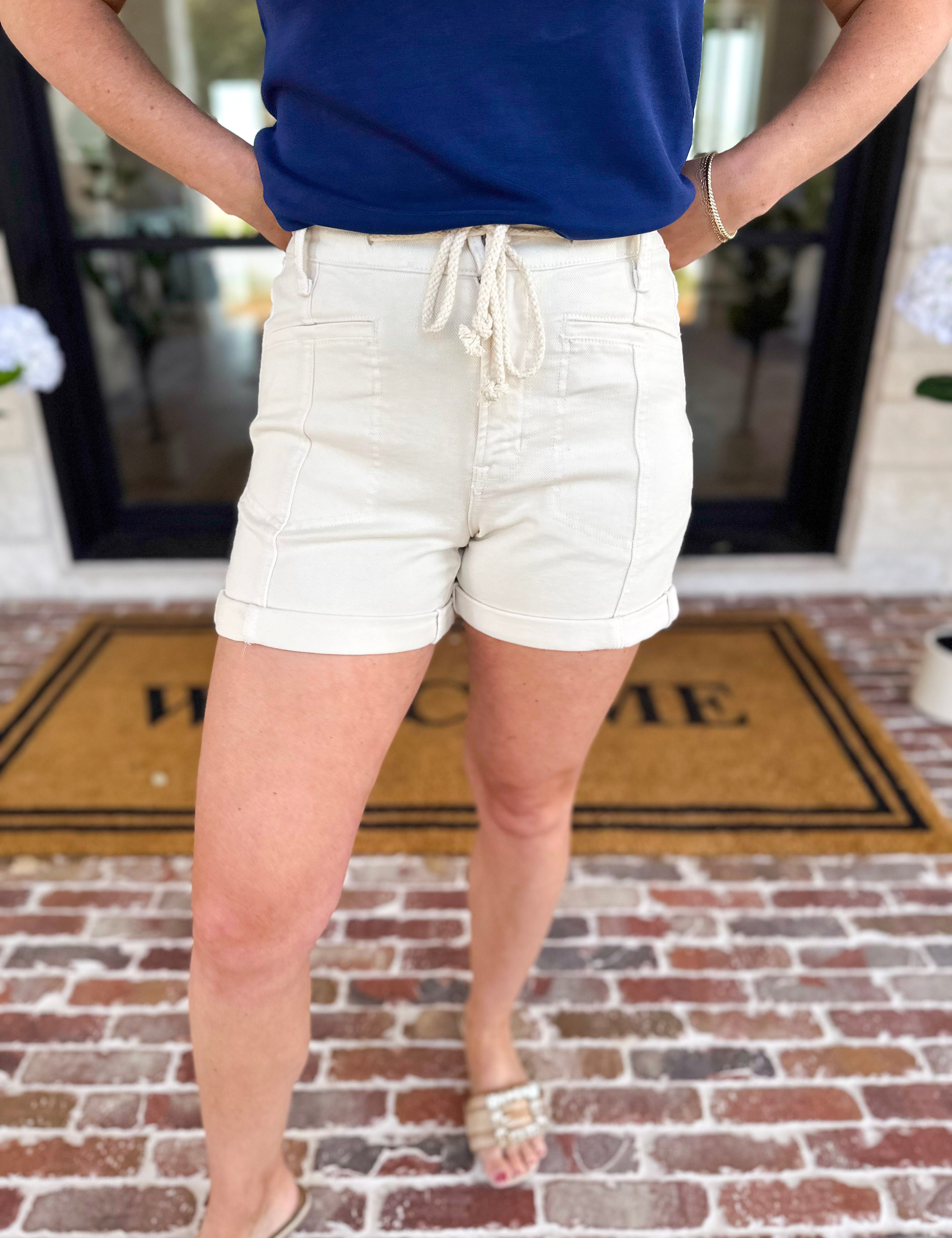Vervet - Cream Drawstring Denim Shorts-410 Shorts/Skirts-VEVERT BY FLYING MONKEY-July & June Women's Fashion Boutique Located in San Antonio, Texas