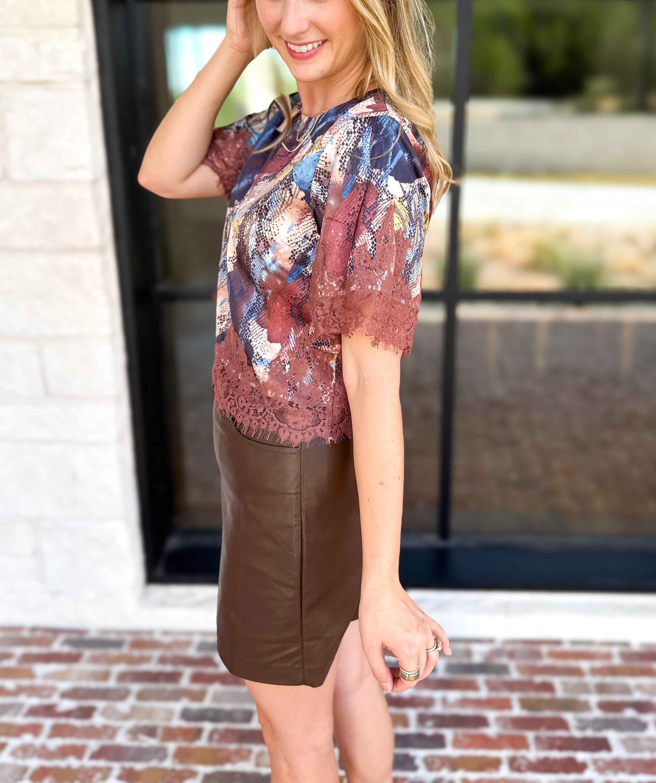 Sandstorm Lace Trim Blouse-200 Fashion Blouses-TCEC-July & June Women's Fashion Boutique Located in San Antonio, Texas