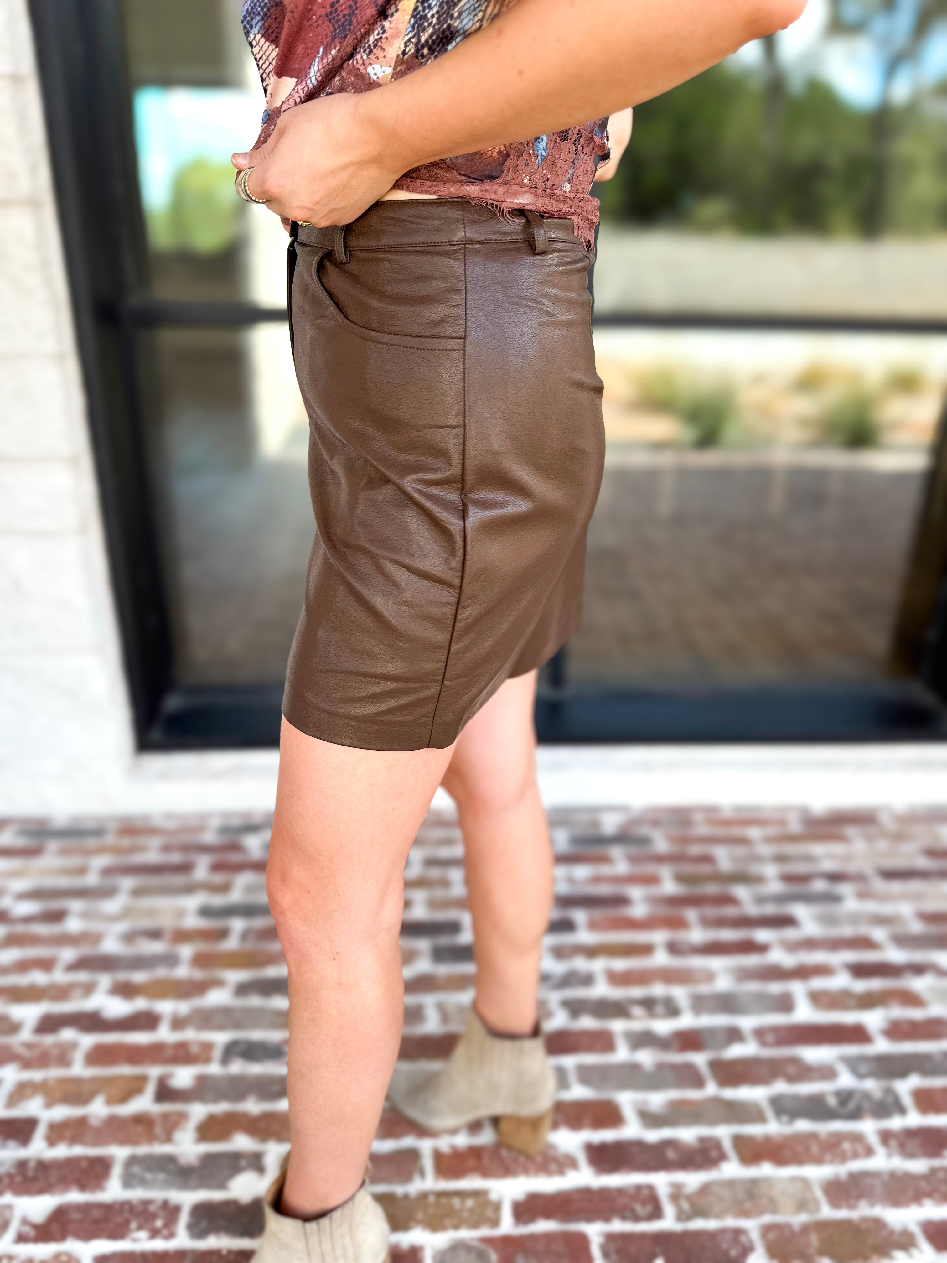 Faux Leather Mini Skirt - Chocolate-410 Shorts/Skirts-SKIES ARE BLUE-July & June Women's Fashion Boutique Located in San Antonio, Texas