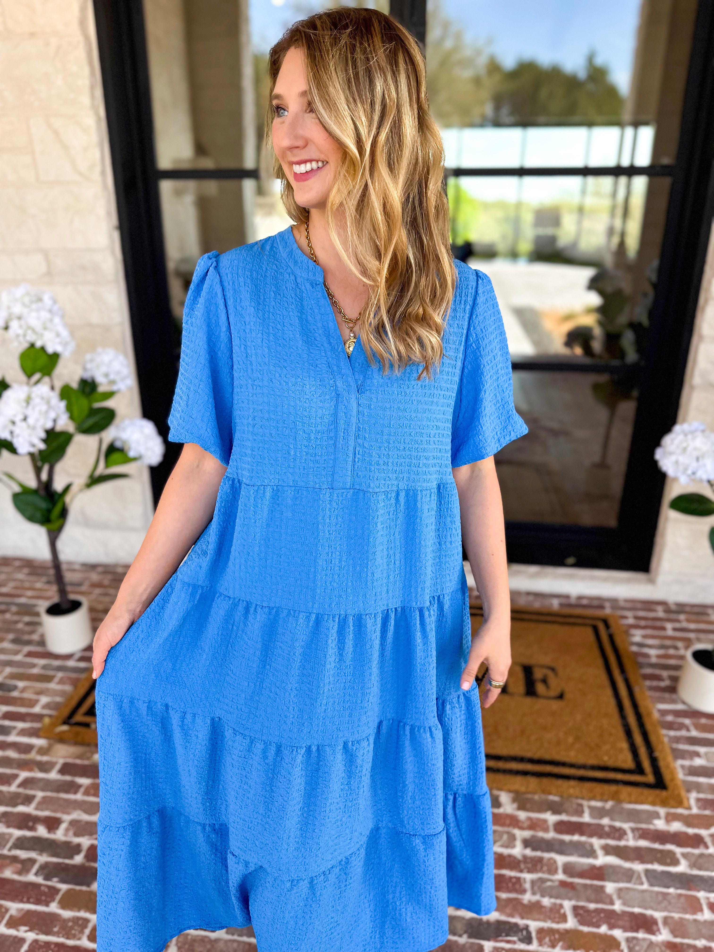 Mary Square - Kinsley Blue Midi Dress-500 Midi-MARY SQUARE-July & June Women's Fashion Boutique Located in San Antonio, Texas