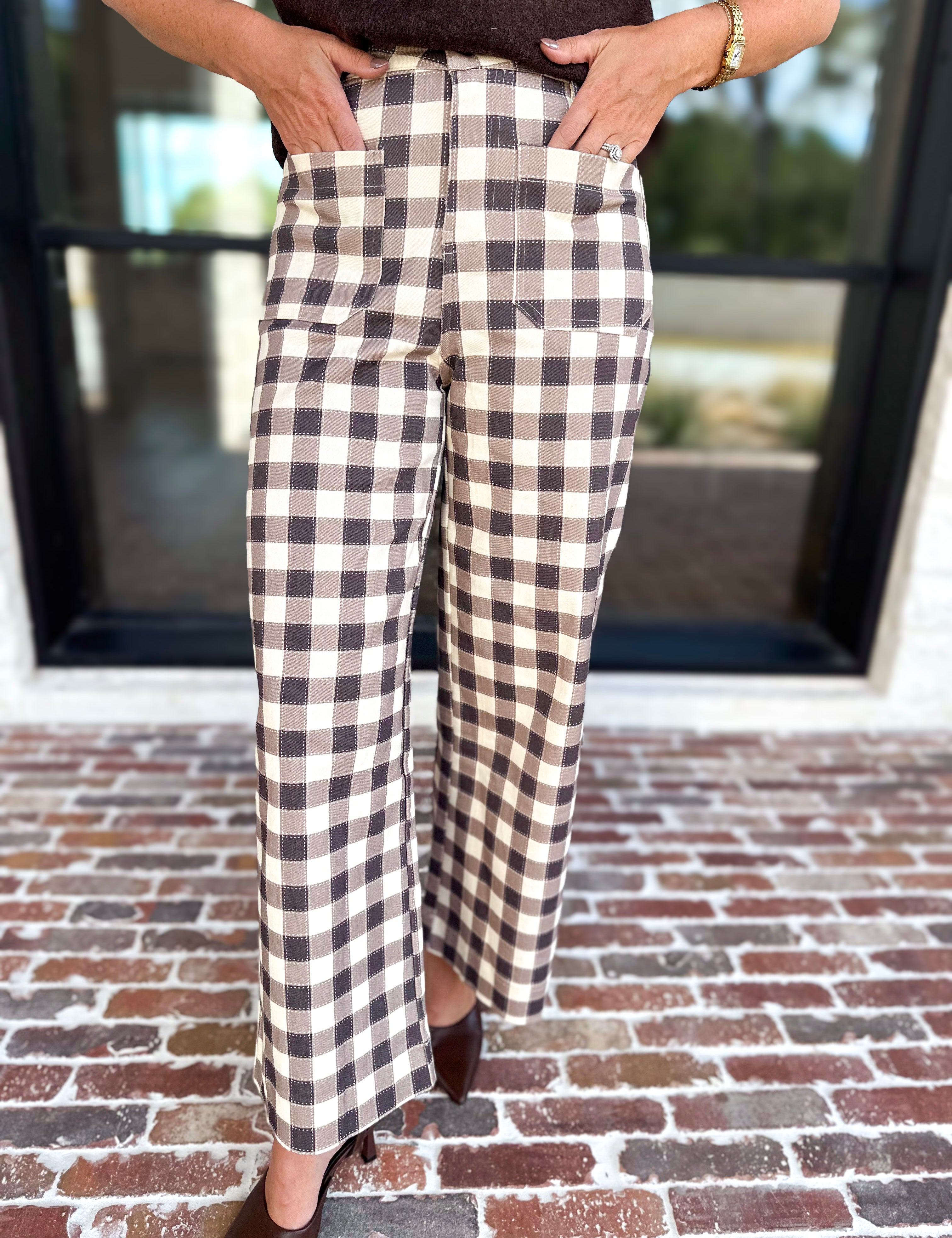 Mocha Cream Checkered Pants-400 Pants-ENTRO-July & June Women's Fashion Boutique Located in San Antonio, Texas