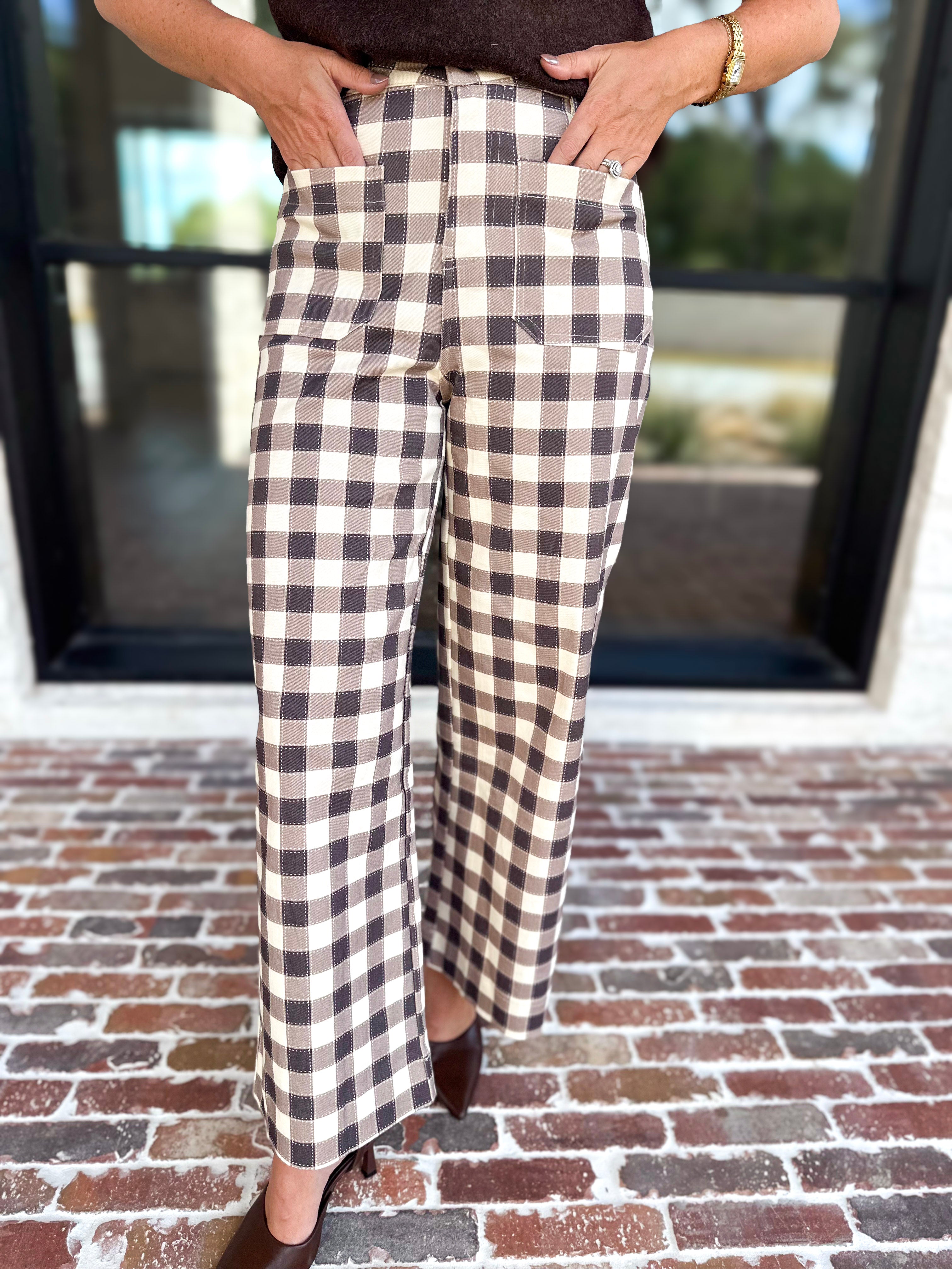 Mocha Cream Checkered Pants-400 Pants-ENTRO-July & June Women's Fashion Boutique Located in San Antonio, Texas