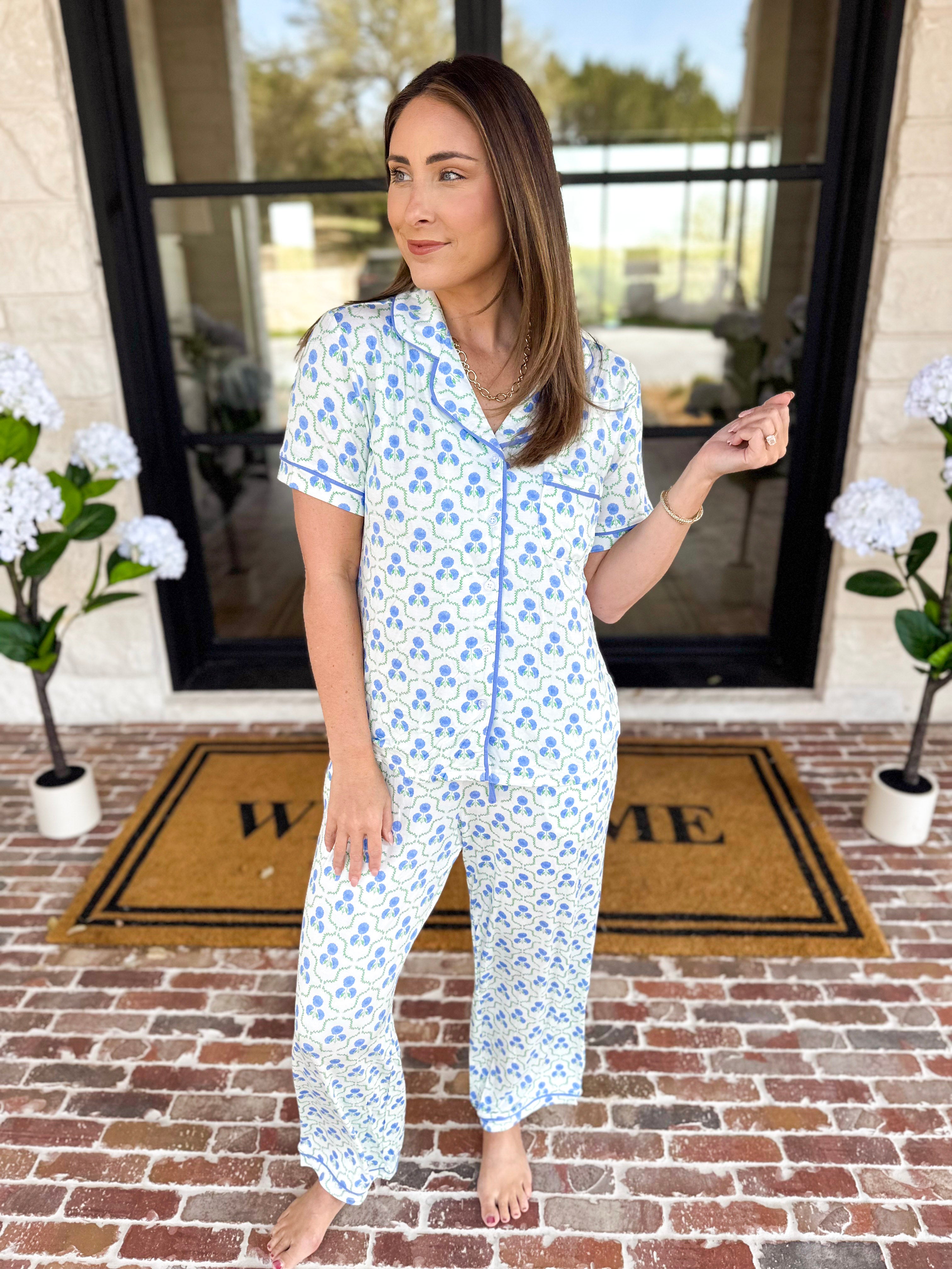 Mary Square - Sweet Blue Lattice PJ Set-300 Athleisure/Lounge-MARY SQUARE-July & June Women's Fashion Boutique Located in San Antonio, Texas