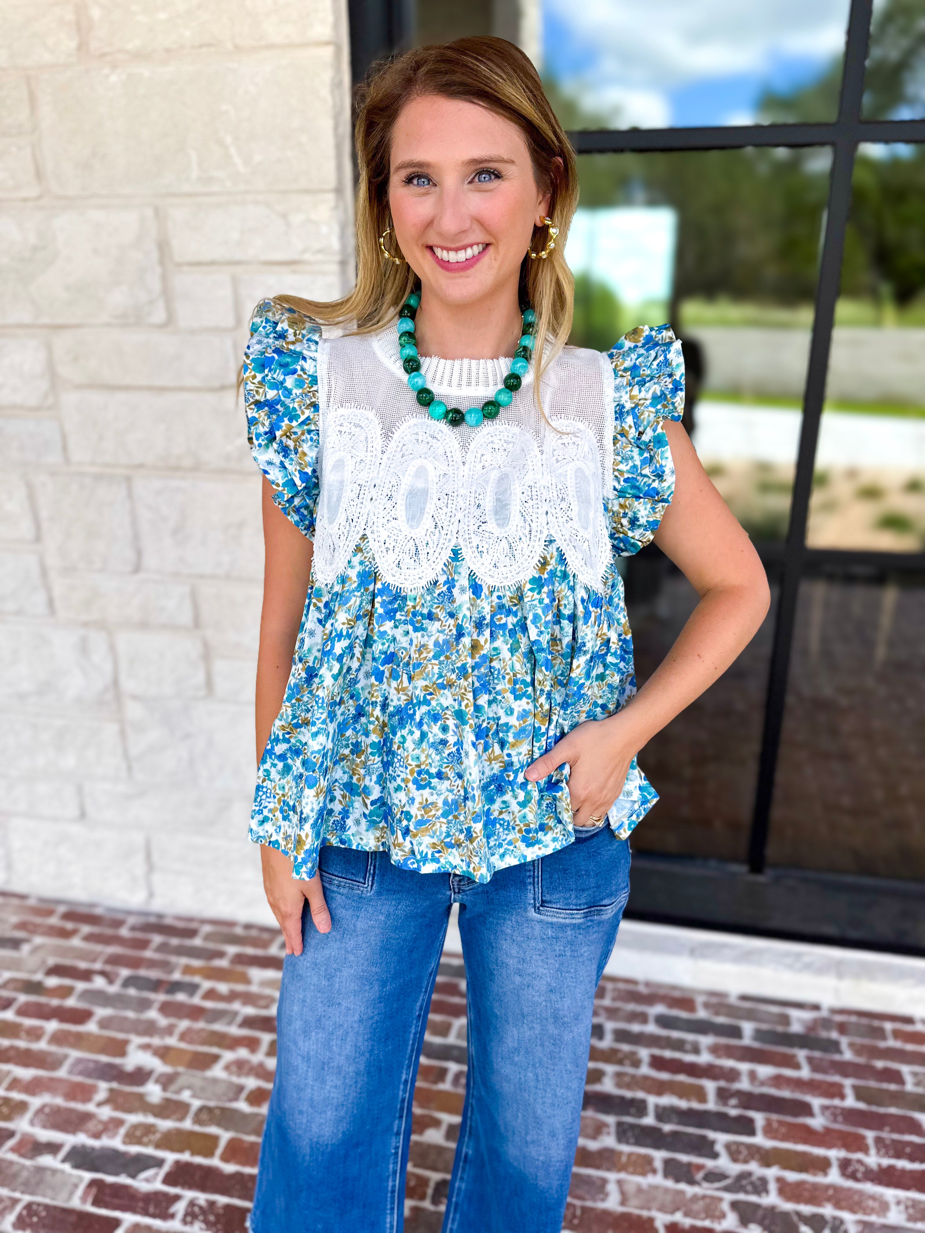 Floral Fields Lace Blouse-200 Fashion Blouses-FATE-July & June Women's Fashion Boutique Located in San Antonio, Texas