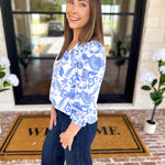 Mary Square - Porcelain Vines Blue Blouse-200 Fashion Blouses-MARY SQUARE-July & June Women's Fashion Boutique Located in San Antonio, Texas