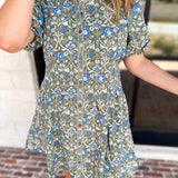 Mary Square - Olive Floral Puff Sleeve Midi Dress-510 Mini-MARY SQUARE-July & June Women's Fashion Boutique Located in San Antonio, Texas