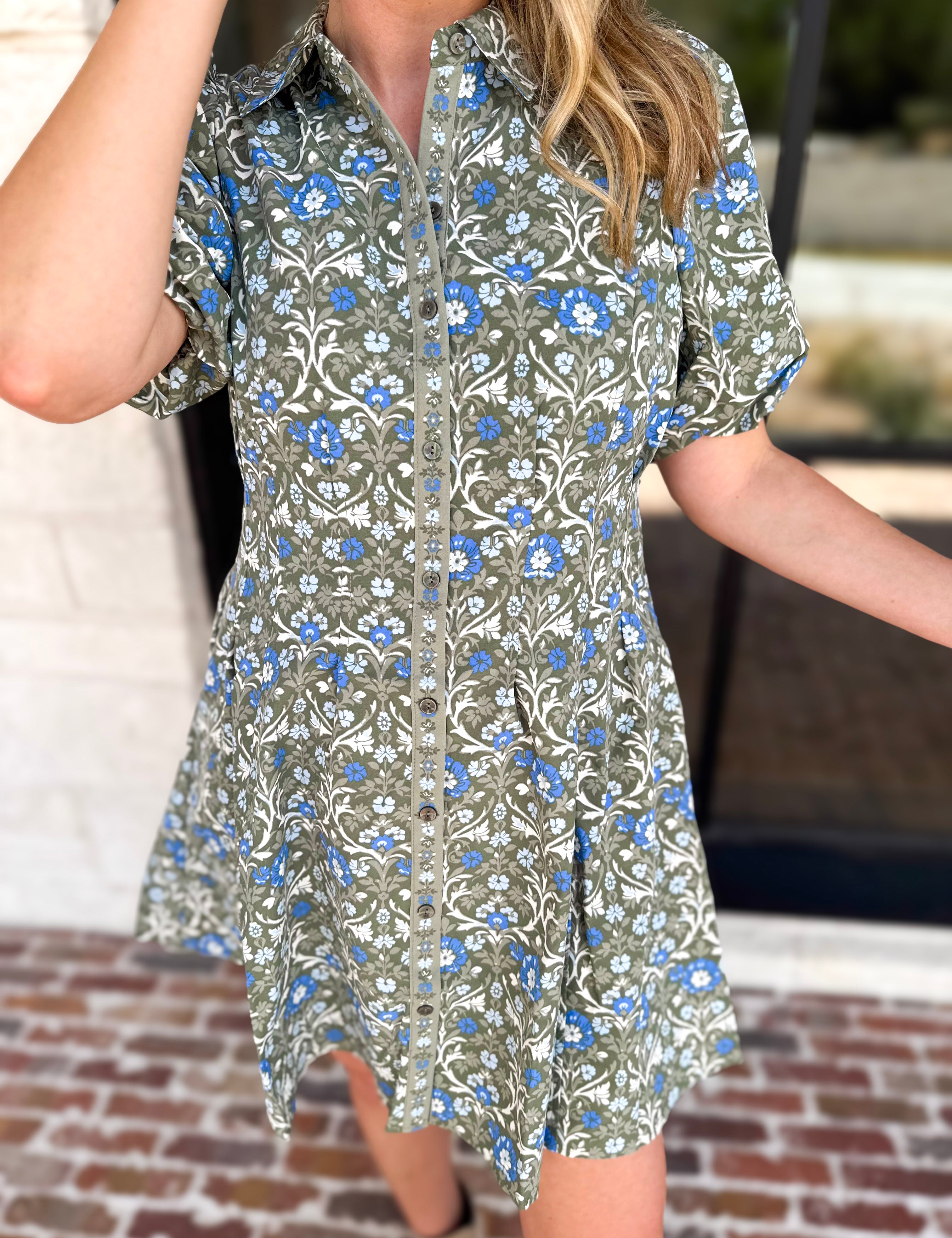 Mary Square - Olive Floral Puff Sleeve Midi Dress-510 Mini-MARY SQUARE-July & June Women's Fashion Boutique Located in San Antonio, Texas