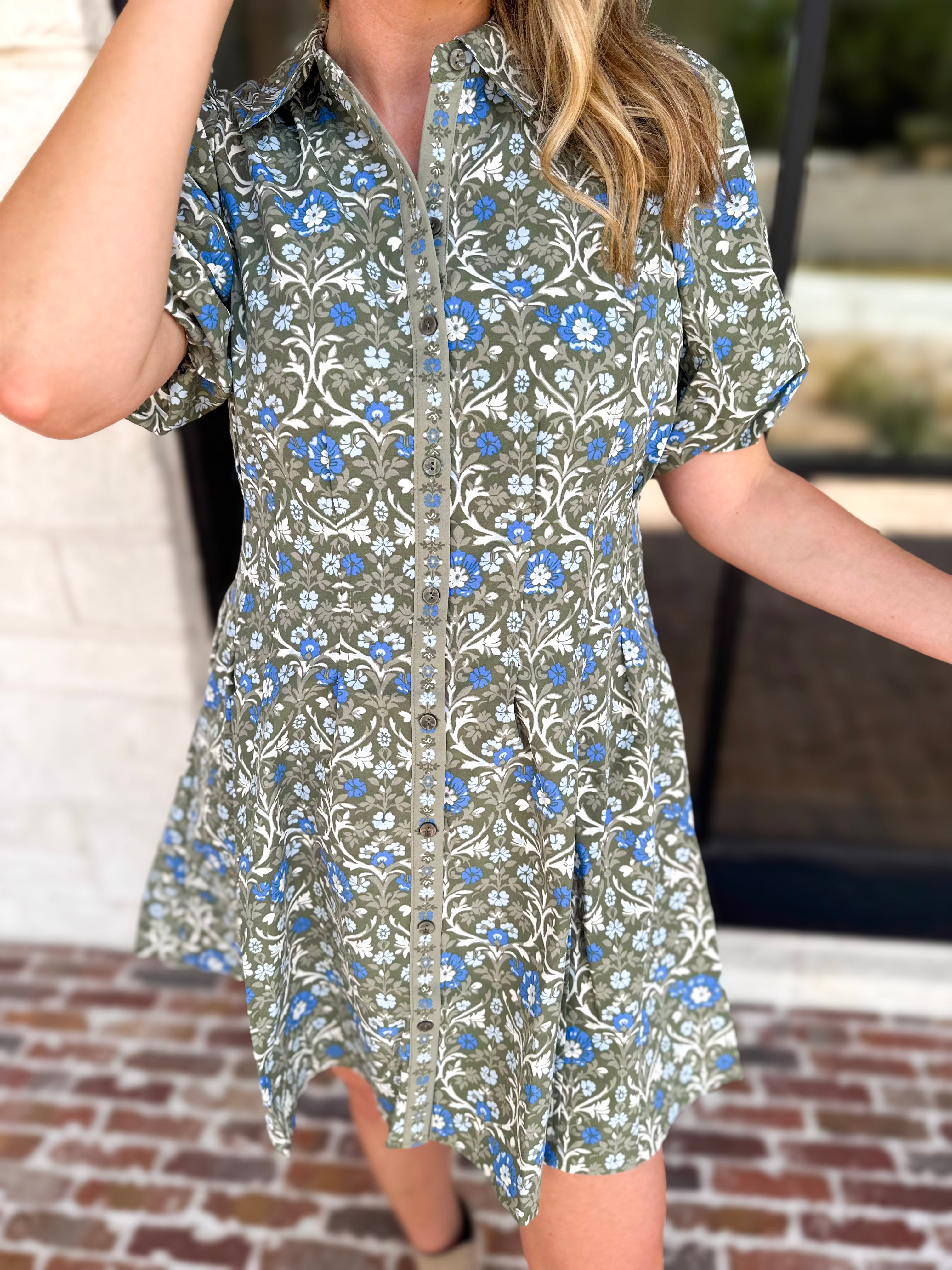 Mary Square - Olive Floral Puff Sleeve Midi Dress-510 Mini-MARY SQUARE-July & June Women's Fashion Boutique Located in San Antonio, Texas