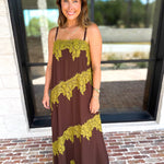 Colette Feminine Lace Midi Dress - Brown & Chartreuse-500 Midi-TCEC-July & June Women's Fashion Boutique Located in San Antonio, Texas